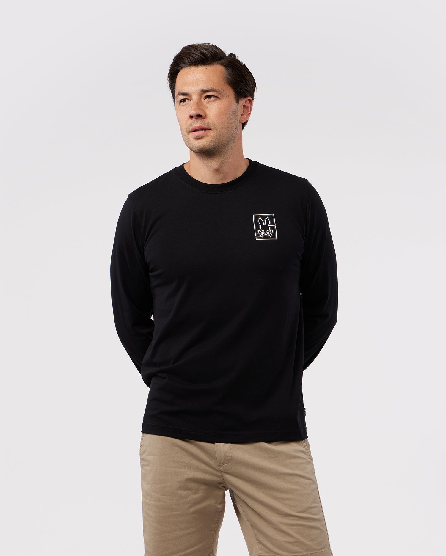 MENS BLACK CHESTER LONG SLEEVE EMBROIDERED GRAPHIC TEE | PSYCHO BUNNY