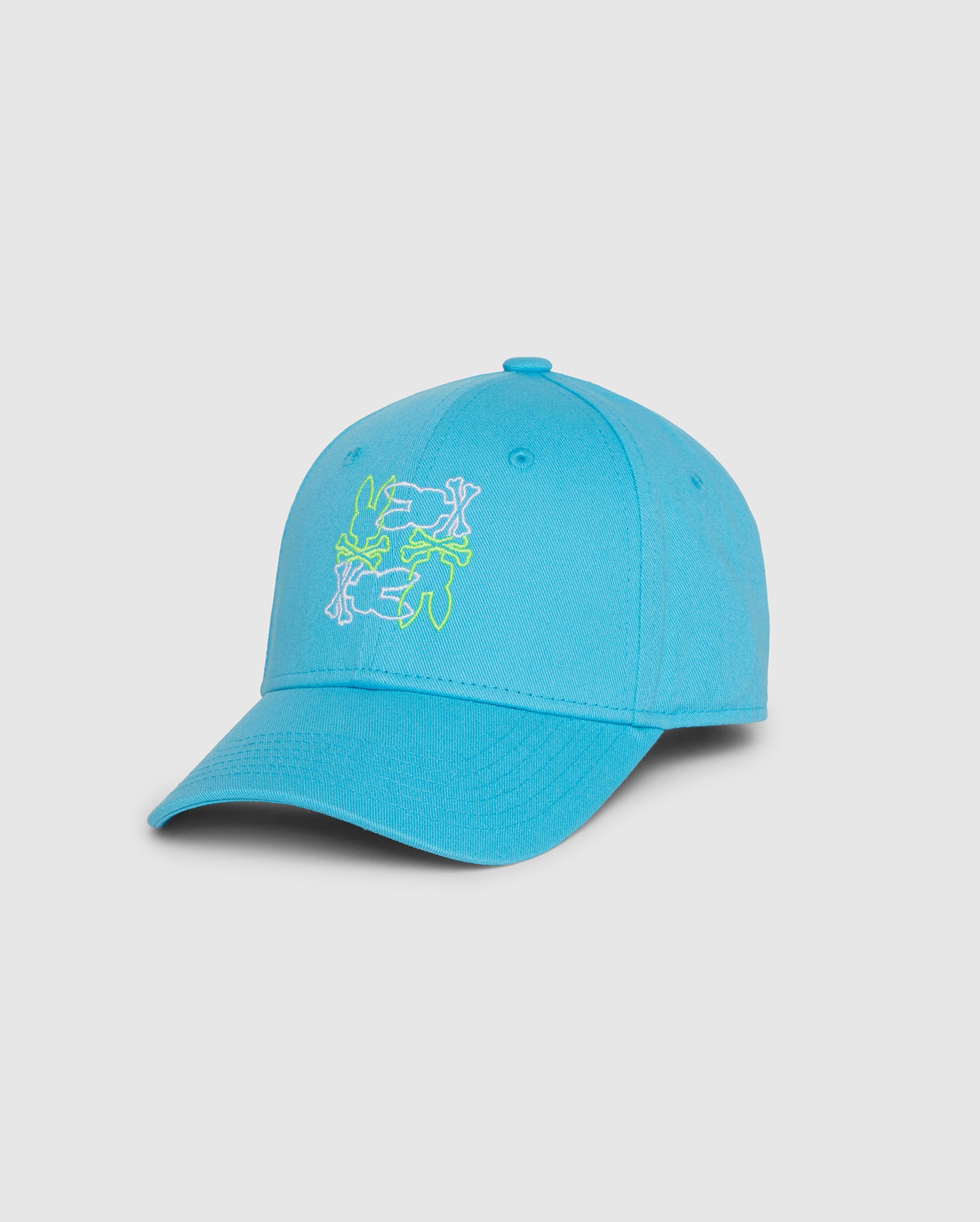 A high-quality, bright blue Psycho Bunny KIDS RODMAN BASEBALL CAP - B0A124B2HT with a slightly curved brim. The front panel features an embroidered design in white and neon green, depicting abstract line art. This stylish wardrobe accessory is set against a plain white background.