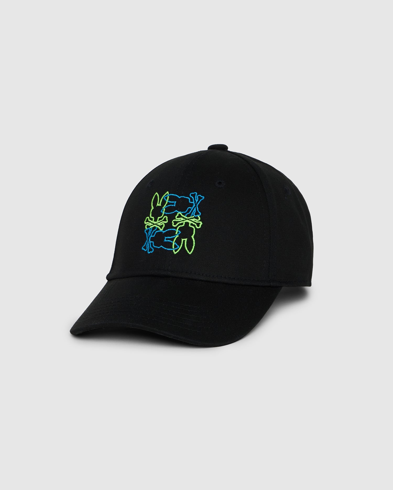 The KIDS RODMAN BASEBALL CAP - B0A124B2HT by Psycho Bunny, a versatile wardrobe accessory, features a colorful, abstract embroidery design of blue and green lines forming stylized shapes on the front. The headgear has a curved brim and an adjustable strap at the back, set against a plain white background.