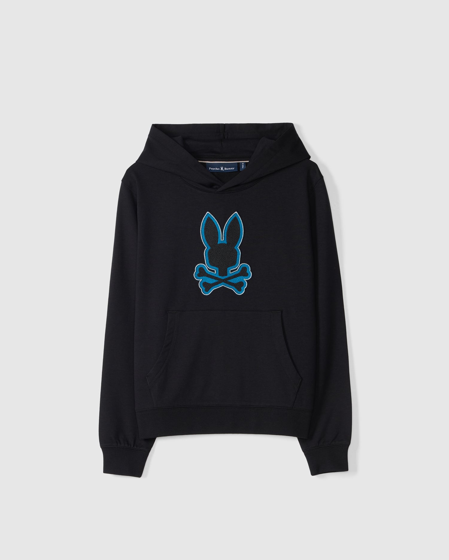 The KIDS WALTER LIGHTWEIGHT HOODIE - B0H476D200 by Psycho Bunny is a black lightweight hoodie decorated with a blue neon outline design of a bunny head over crossbones on the front. Made from Micro French Terry, it features a front pocket, ribbed cuffs, and a ribbed hem, set against a plain light gray background for a sleek modern style.