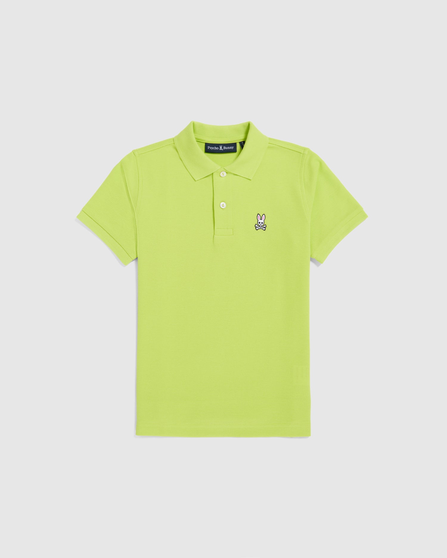 The Psycho Bunny KIDS CLASSIC POLO - B0K001CRPC is a regular fit, lime green piqué polo shirt with a collar and three buttons. Made from soft Pima cotton, it features an embroidered cartoon rabbit on the left chest against a plain white backdrop.