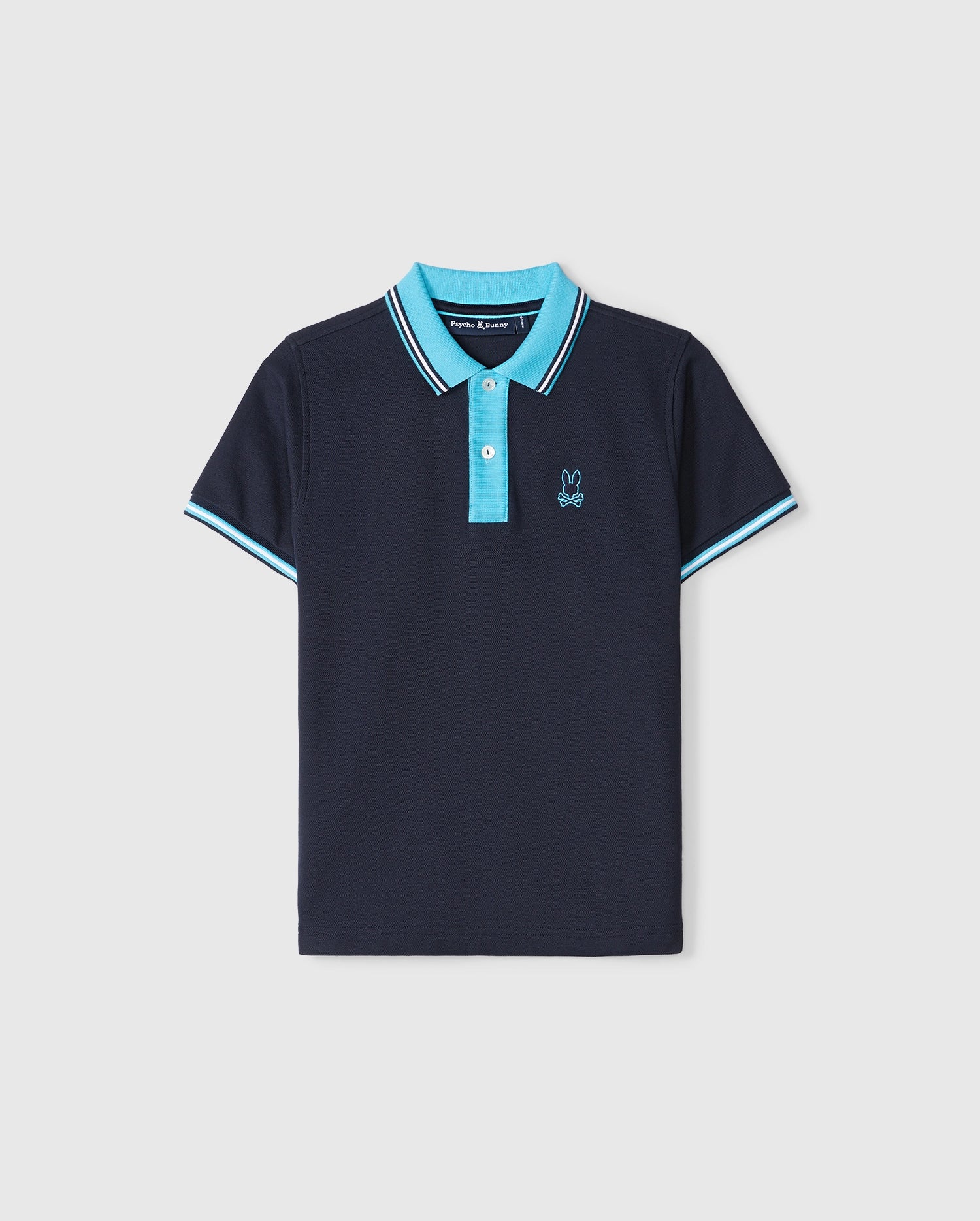A navy blue Psycho Bunny Salina pique polo shirt with turquoise collar and sleeve trim, featuring a small embroidered rabbit logo on the left chest, displayed against a plain background.
