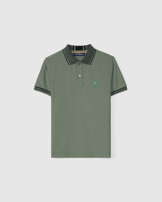 The Psycho Bunny Kids Malton Piqué Polo Shirt (B0K950D200) is designed in a soft pima cotton and showcases short sleeves with a two-button placket. It features thin, dark green stripes on the collar and diamond piqué-patterned cuffs, complemented by an embroidered small bunny emblem on the left chest.