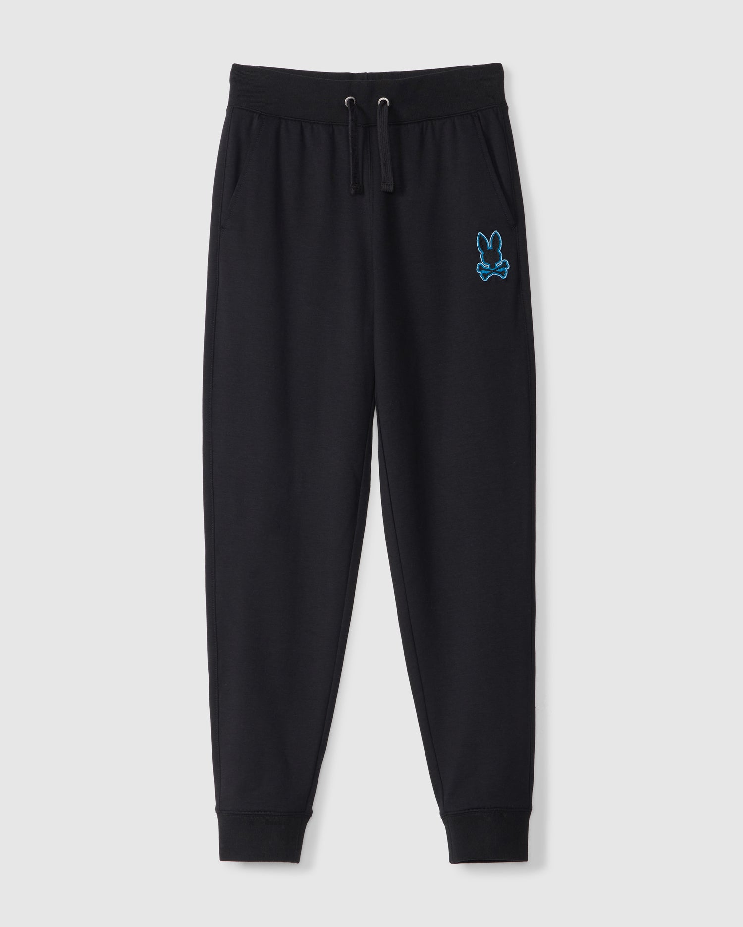 The KIDS WALTER LIGHTWEIGHT SWEATPANT - B0P860D200 by Psycho Bunny features an elastic waistband with drawstrings, two front pockets, and tapered legs with ribbed cuffs. A small, embroidered blue outline of a rabbit is located on the left thigh. These lightweight sweatpants provide a breathable fit, perfect for casual wear.