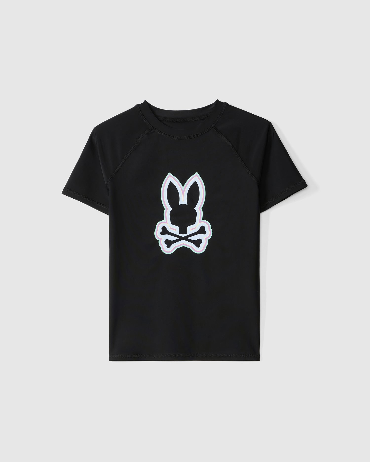 A black short sleeve rash guard with a white graphic design of a stylized bunny wearing a bow tie, displayed on a plain white background, featuring UPF 50+ protection -- KIDS SAN LEON ANTI-UV RASHGUARD by Psycho Bunny
