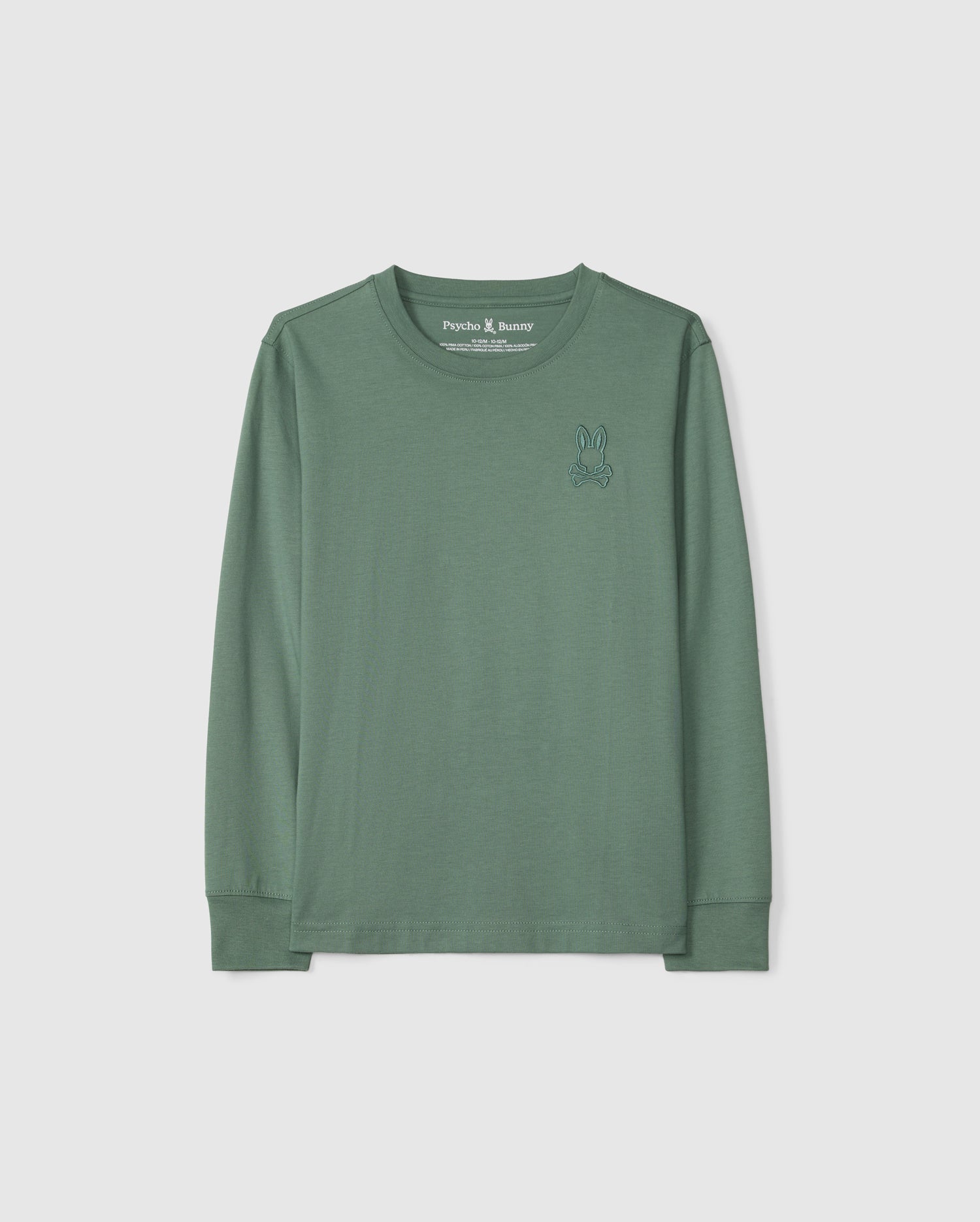 The KIDS ALBERTON LONG SLEEVE TEE - B0T867D200 from Psycho Bunny is crafted in a soft Pima cotton in green, featuring a subtle embroidered rabbit outline on the left chest. Ideal for layering, it beautifully complements a plain white background.