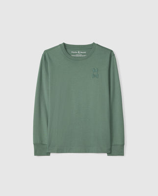 The KIDS ALBERTON LONG SLEEVE TEE - B0T867D200 from Psycho Bunny is crafted in a soft Pima cotton in green, featuring a subtle embroidered rabbit outline on the left chest. Ideal for layering, it beautifully complements a plain white background.