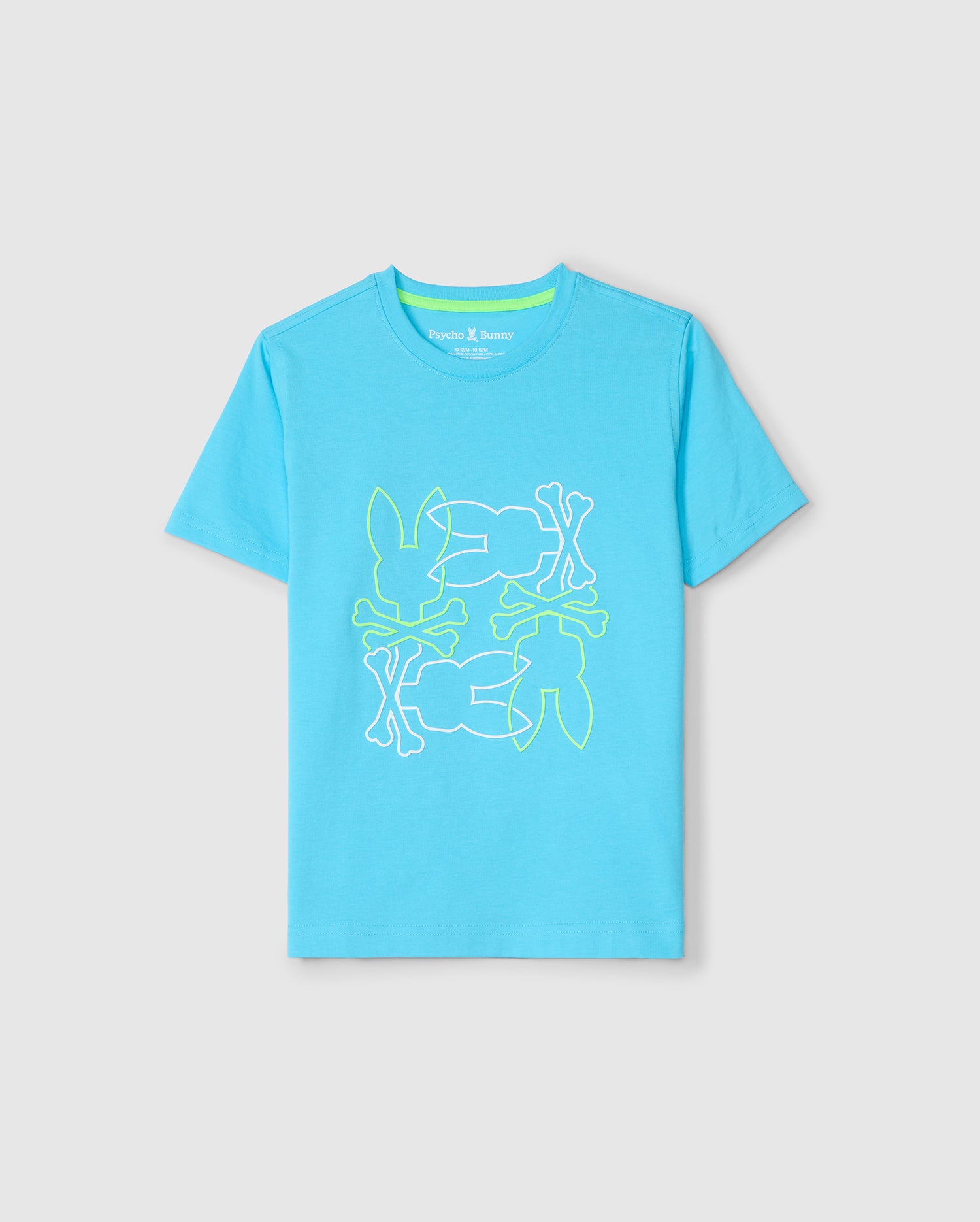 A light blue KIDS RODMAN GRAPHIC TEE displayed flat with an HD-printed interlocking Bunny design in neon green at the center. The design is modern and simplistic. Brand: Psycho Bunny.