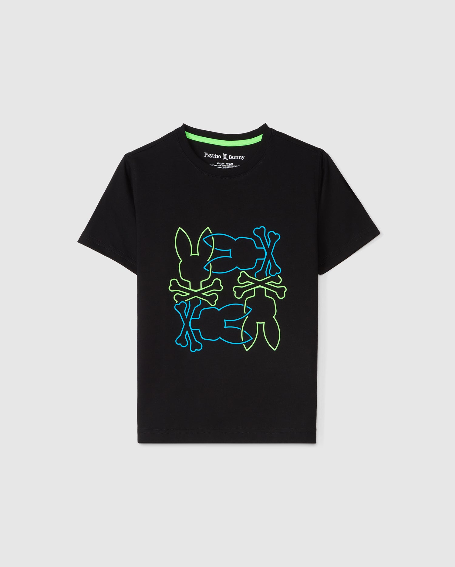 A black KIDS RODMAN GRAPHIC TEE featuring an HD-printed interlocking Bunny outline in neon blue and green, with the text 