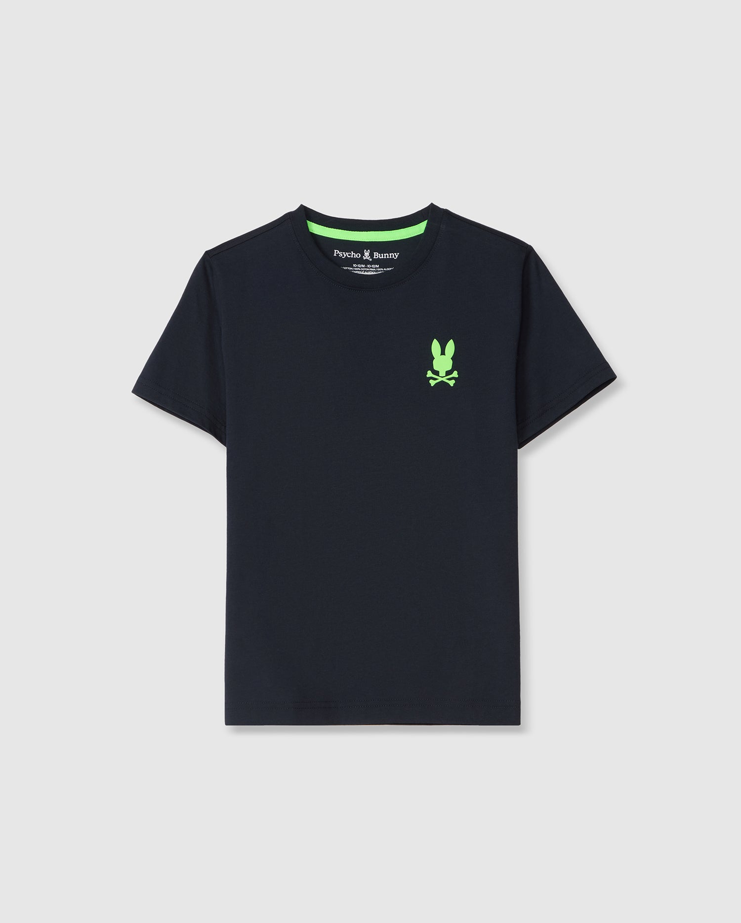 Navy blue Pima cotton KIDS SLOAN BACK GRAPHIC TEE with a small green bunny logo on the left chest and green trim around the inside of the neckline, displayed on a plain background. Brand: Psycho Bunny