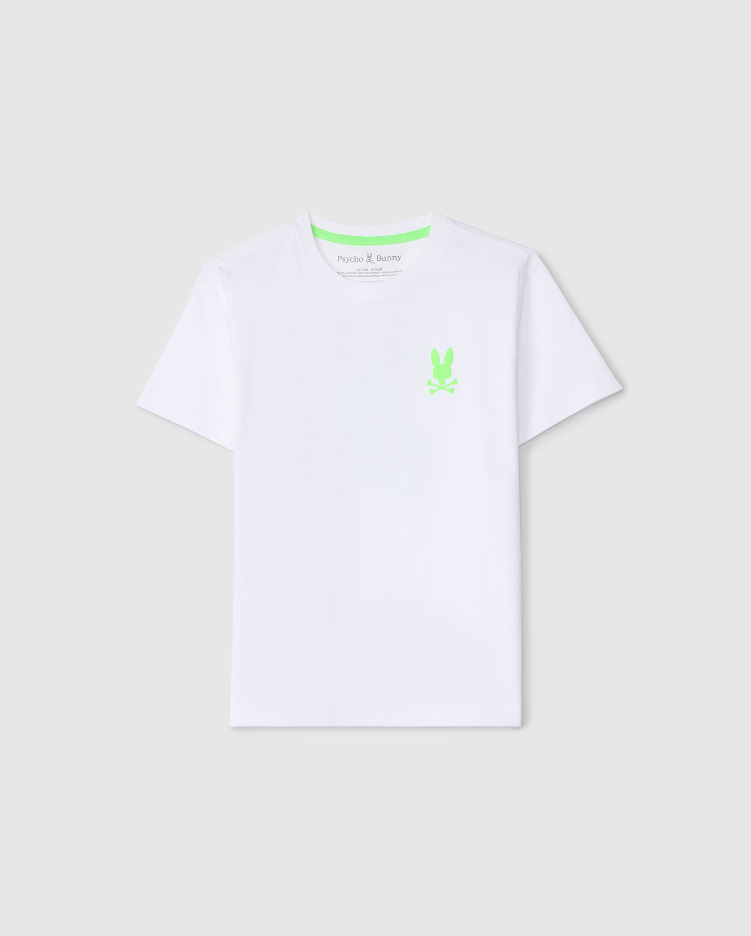Plain white Pima cotton KIDS SLOAN BACK GRAPHIC TEE - B0U214B2TS from Psycho Bunny with a small green bunny logo on the left side of the chest, displayed on a neutral background.
