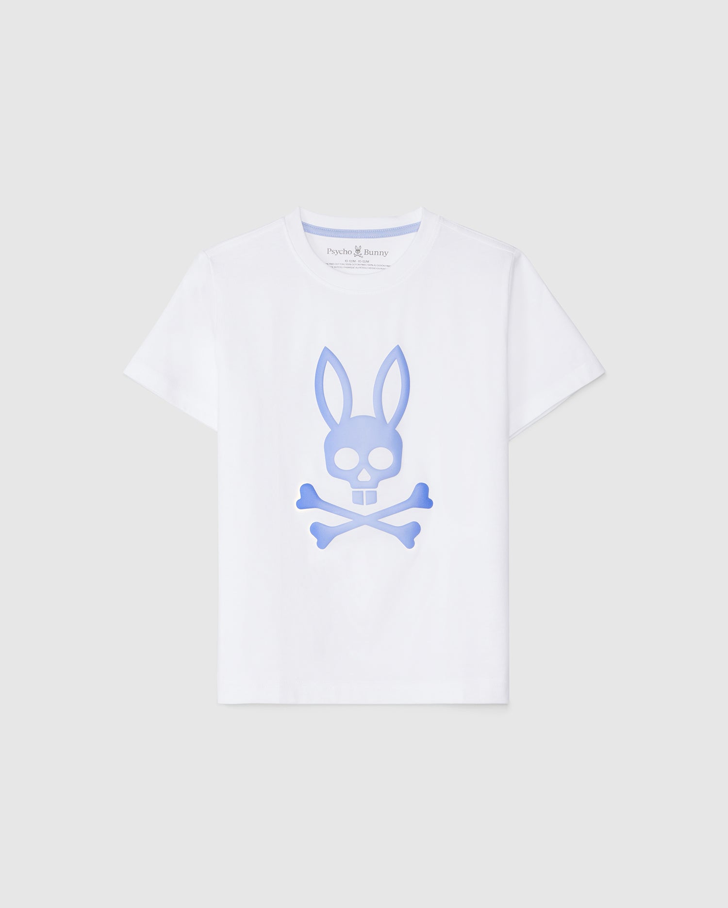 A kids' graphic tee featuring an HD-printed Bunny skull and crossbones with bunny ears on a plain background, crafted from soft Peruvian Pima cotton. Try the Psycho Bunny KIDS NORWOOD GRAPHIC TEE - B0U311B2TS.