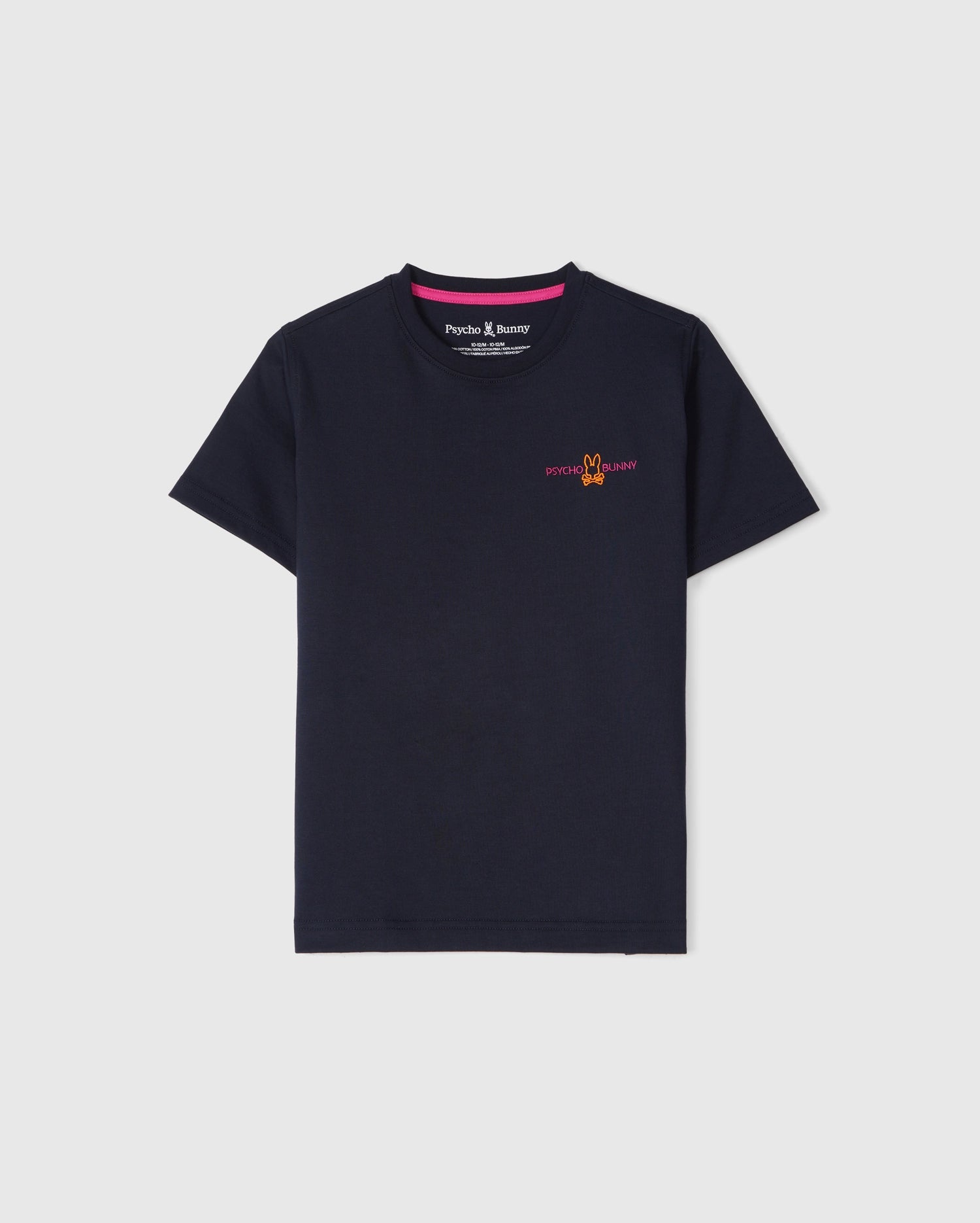 A KIDS WASTERLO BACK GRAPHIC TEE - B0U317B2TS from Psycho Bunny, navy blue with a round neck and short sleeves, made from soft Peruvian Pima cotton and featuring a small, colorful embroidered chest logo on the left. The logo depicts a stylized rabbit head with 