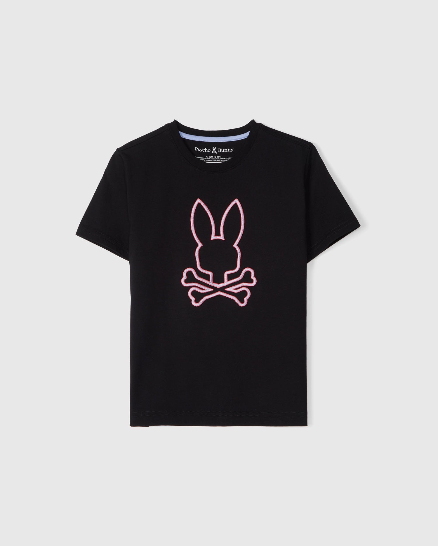 A black Psycho Bunny KIDS FLOYD GRAPHIC TEE - B0U338B2TS features a neon pink bunny head with long ears above two crossing bones, offering a playful twist on the traditional skull and crossbones design. The shirt is laid flat on a plain white background.