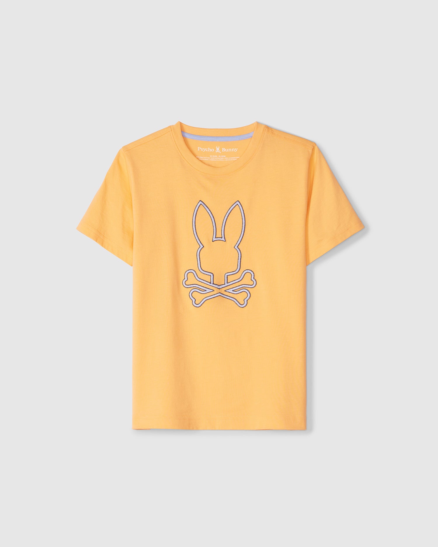 A plain yellow KIDS FLOYD GRAPHIC TEE with an embroidered Bunny outlined in white, sitting with crossed legs and arms positioned on its lap, displayed against a light grey background.