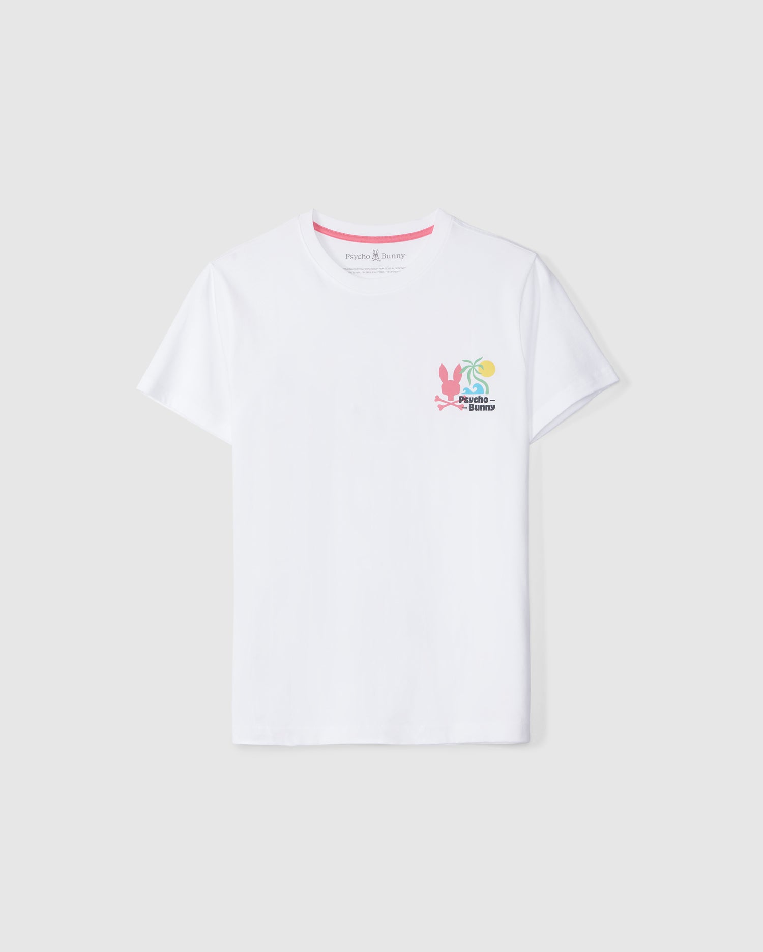 White KIDS MENTZ GRAPHIC TEE made from Peruvian Pima cotton, featuring a tropical-inspired logo of a cartoon rabbit and a carrot on the left chest area against a plain background by Psycho Bunny.
