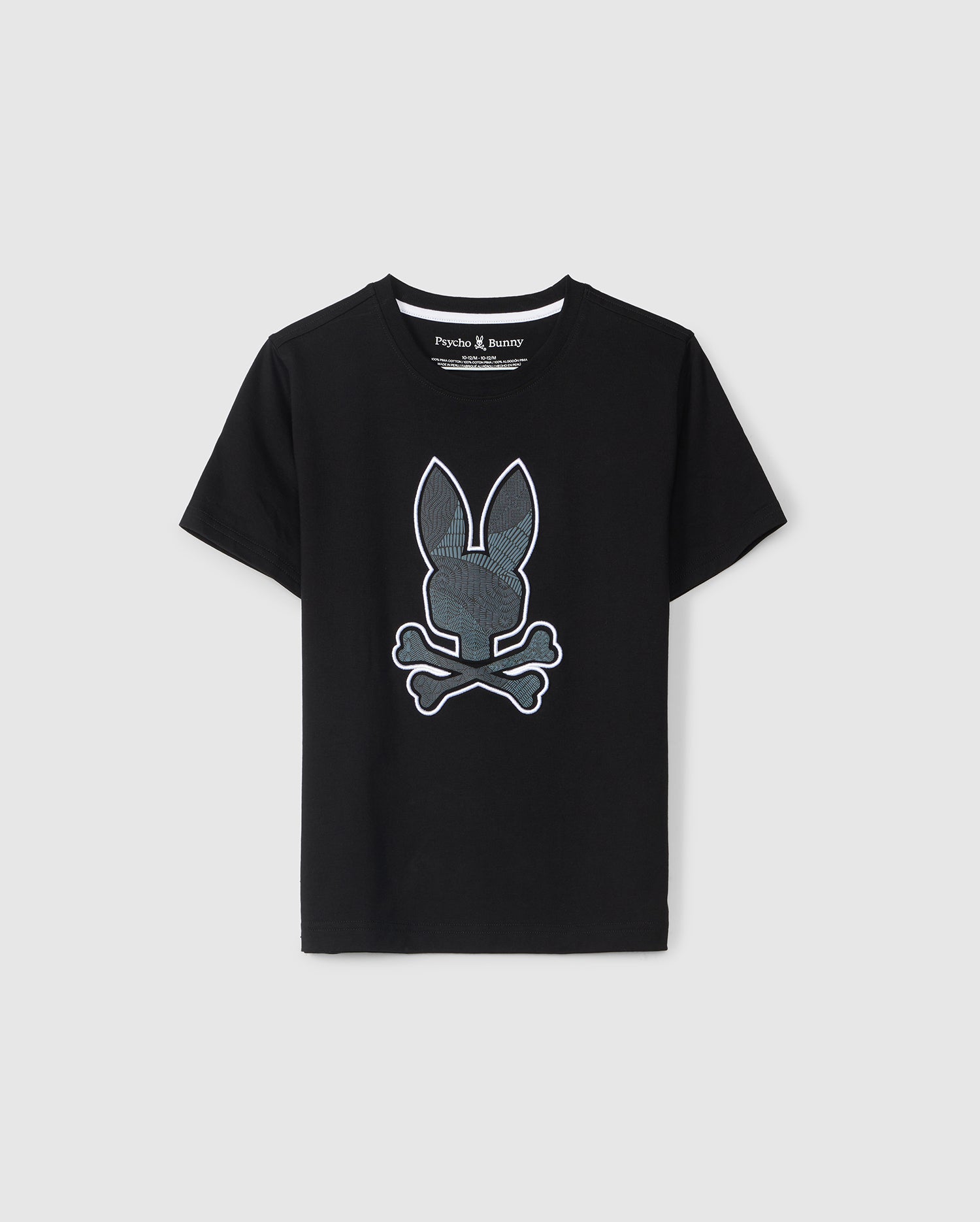 A black short-sleeve kids' graphic tee featuring a stylized outline of a rabbit's head with elongated ears situated above crossed bones on the front. The branding 