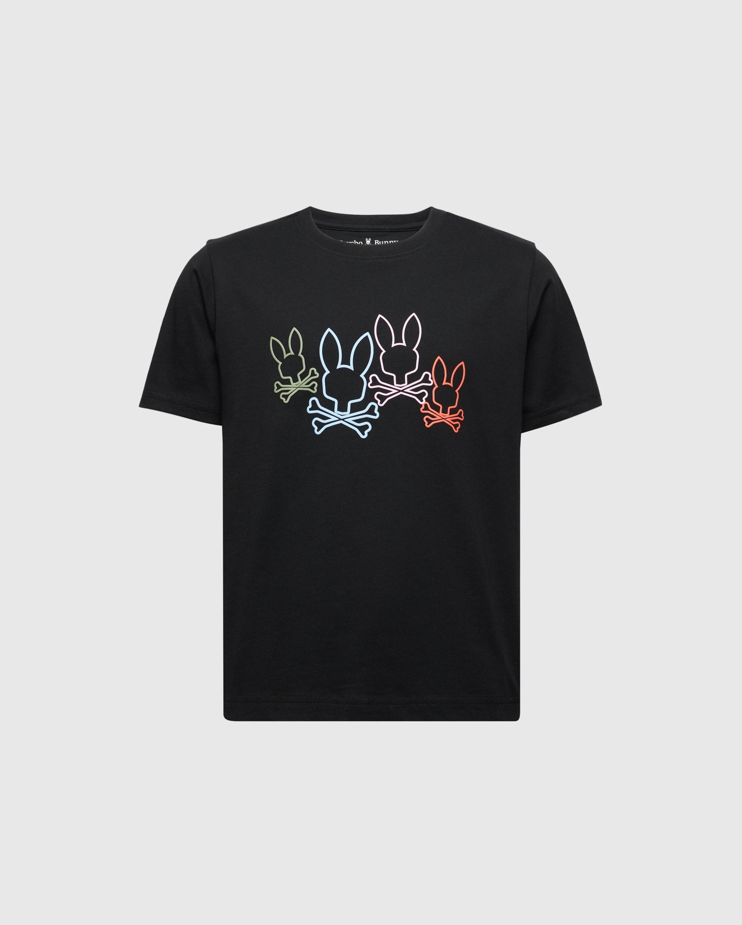 The KIDS SILVERDALE GRAPHIC TEE - B0U499F200 by Psycho Bunny showcases a luxurious Pima cotton design with horizontally arranged outlined bunny skull graphics in green, blue, red, and white.