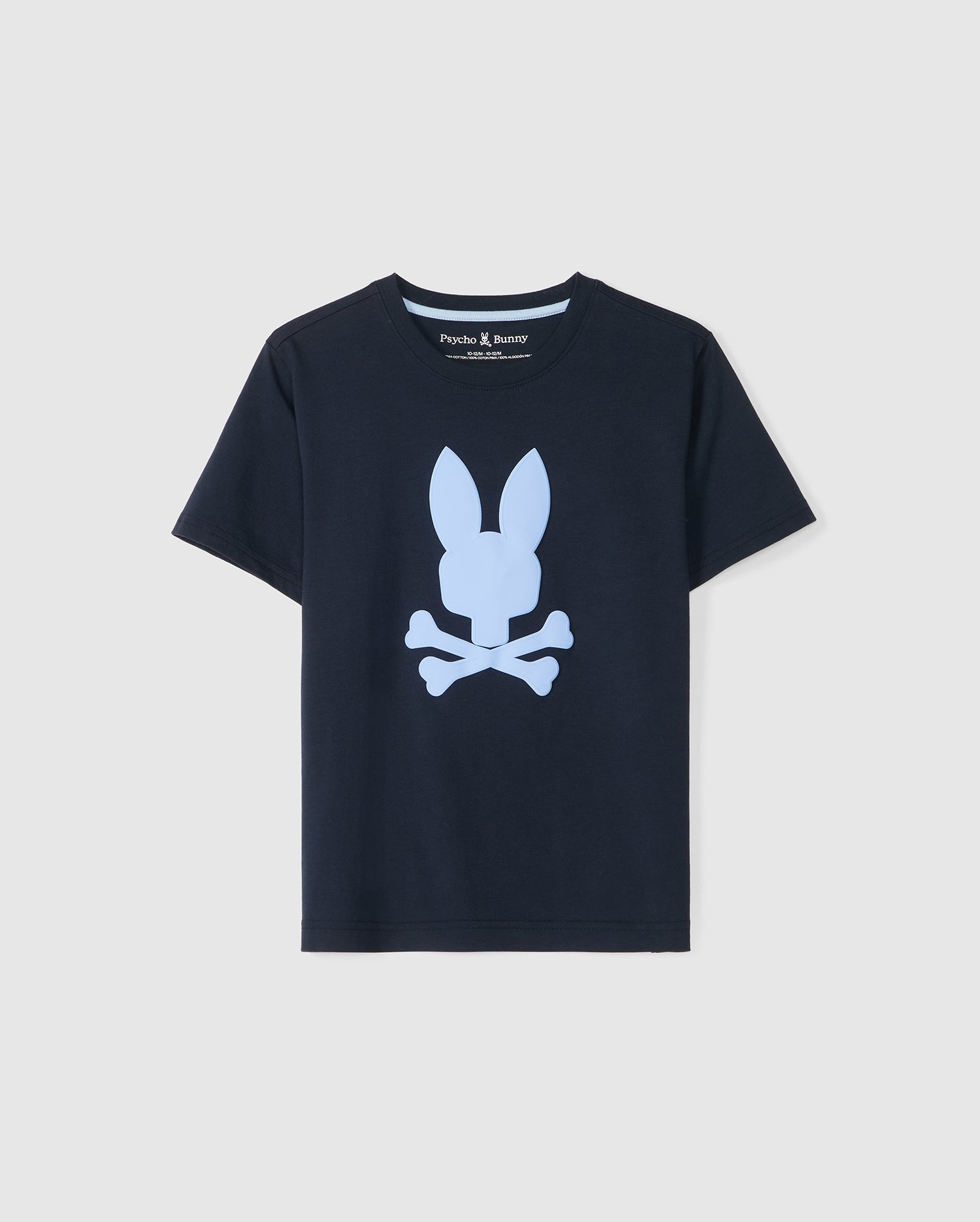 A dark blue embroidered KIDS HOUSTON GRAPHIC TEE - B0U607C200 with a white graphic of a skull and crossbones, where the skull is replaced by an outline of a bunny head. The t-shirt is displayed on a plain light background.