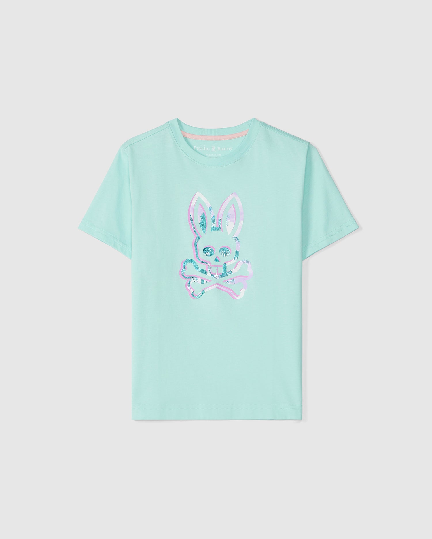 A light blue KIDS LEONARD GRAPHIC TEE - B0U609C200 from Psycho Bunny with an embroidered design of a stylized white and pink bunny face, featuring large expressive eyes and a small nose, set against a plain background.