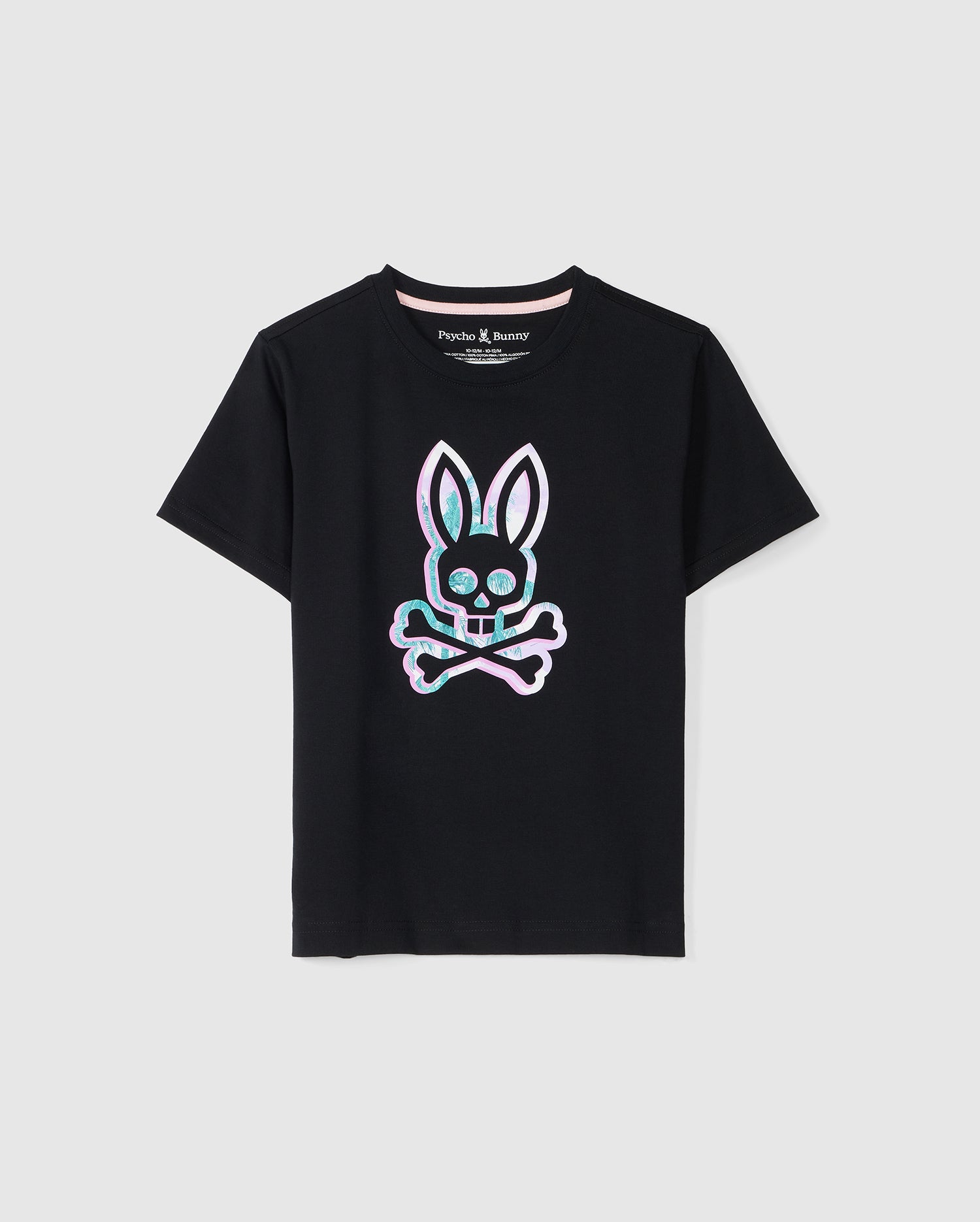 A KIDS LEONARD GRAPHIC TEE - B0U609C200 by Psycho Bunny featuring a stylized blue bunny skull and crossbones in the center, displayed against a plain white background.