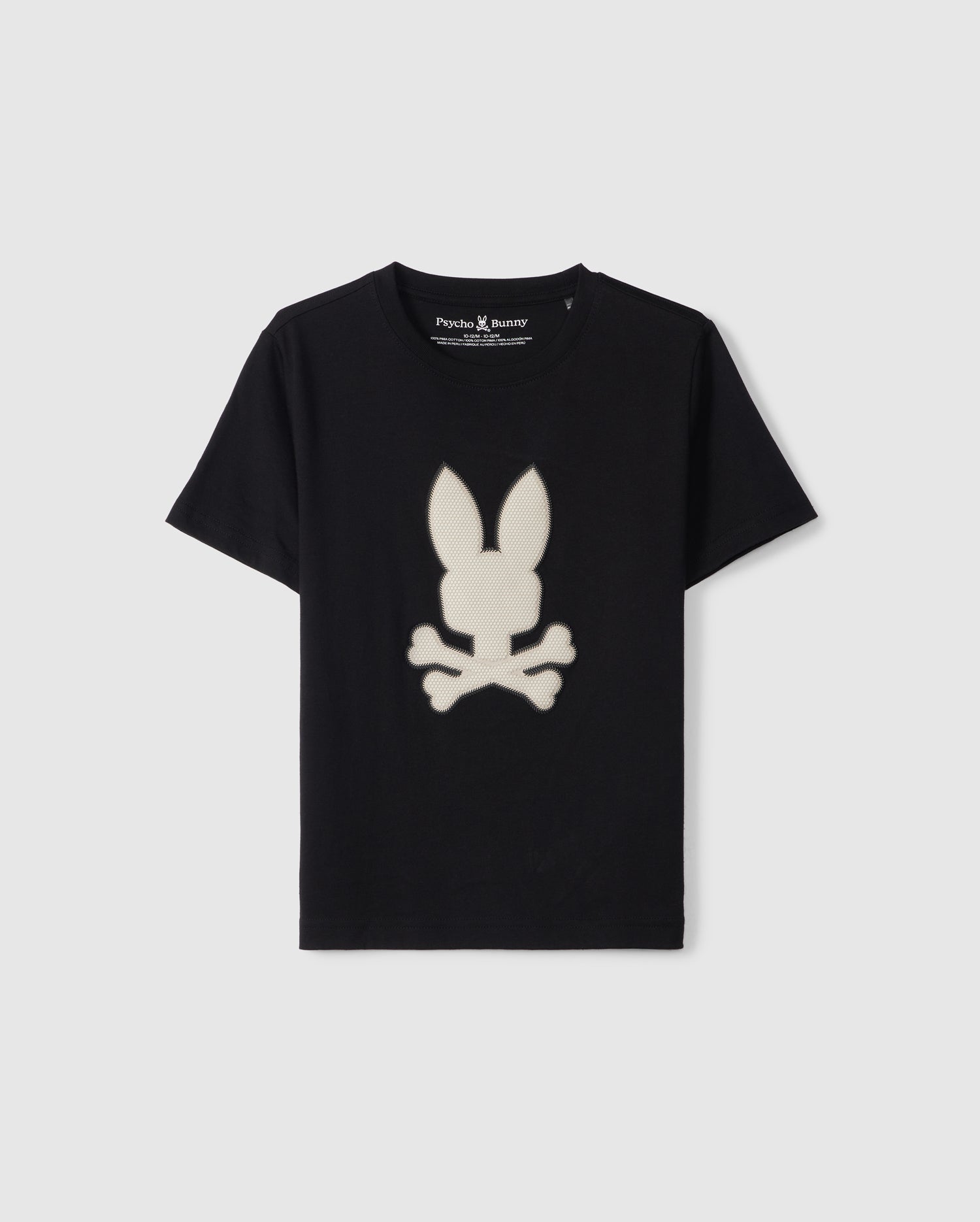 Introducing the KIDS RIVIERA GRAPHIC TEE - B0U639C200 by Psycho Bunny: a luxurious black T-shirt crafted from Peruvian Pima cotton. This stylish tee features a light-colored graphic of a rabbit head with long ears above crossed bones on the front, set against the dark fabric. The shirt is showcased on a plain white background.