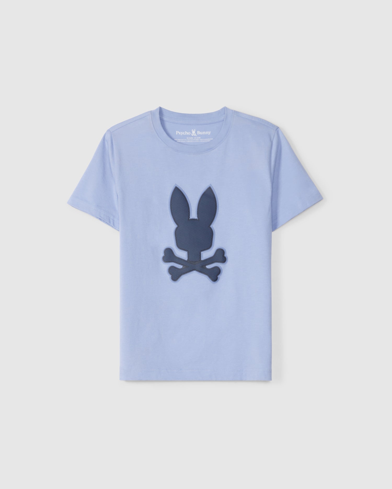 A light blue, short-sleeved KIDS RIVIERA GRAPHIC TEE - B0U639C200 featuring a large dark blue bunny head and crossbones design on the front center. The neckline has a small, subtle 