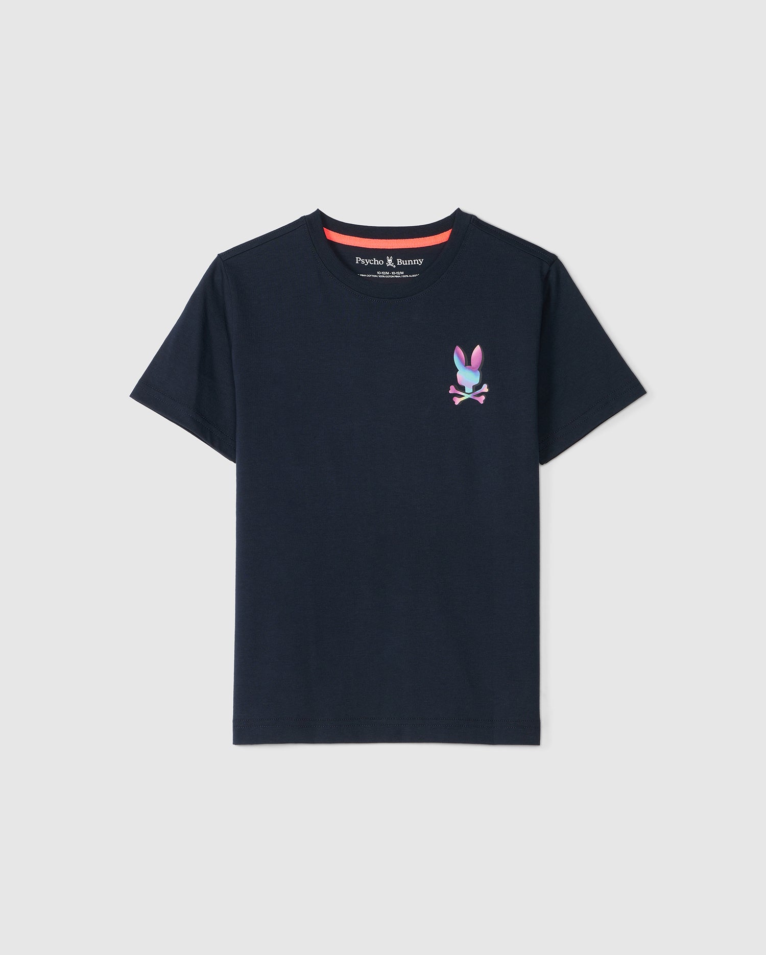 A navy blue Kids Tyler Back Graphic Tee with a small, multicolored bunny logo on the left chest area, featuring ribbed red trim at the collar by Psycho Bunny.