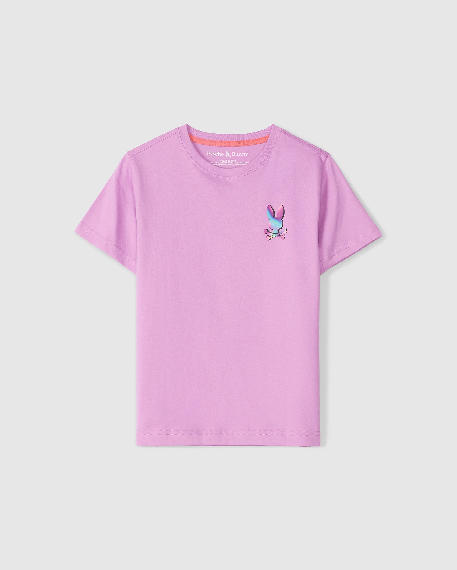 A pink children's KIDS TYLER BACK GRAPHIC TEE - B0U674C200 from Psycho Bunny with a small bunny print on the left chest area, displayed against a plain white background.