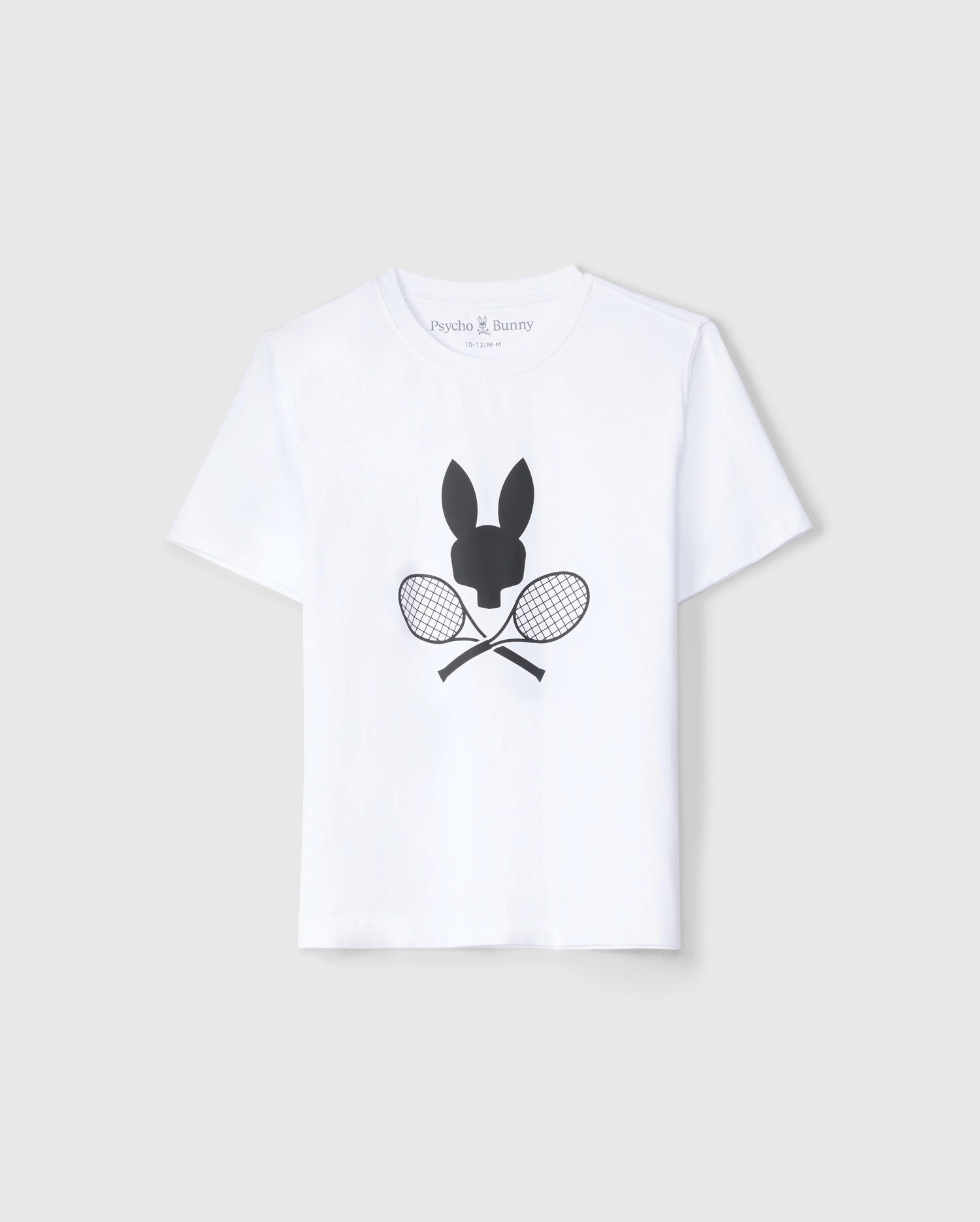 A white KIDS COURTSIDE GRAPHIC TEE - B0U681C200 featuring a black silhouette of a bunny's head above two crossed tennis rackets on the front. The brand name 