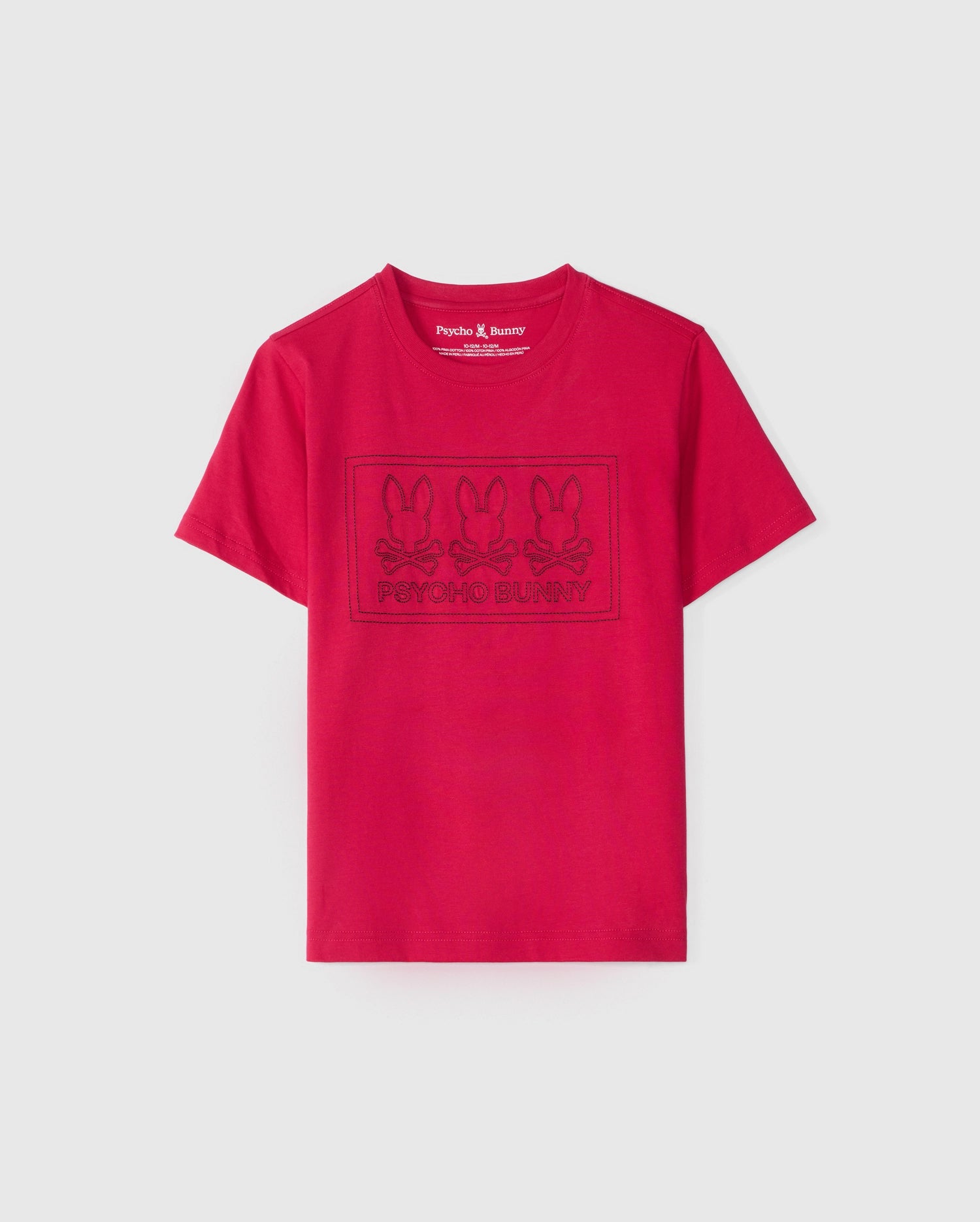 Introducing the KIDS TACOMA GRAPHIC TEE - B0U909D200 by Psycho Bunny: This red tee is made from premium Pima cotton and showcases intricate embroidery on the front, featuring three bunny silhouettes above the 