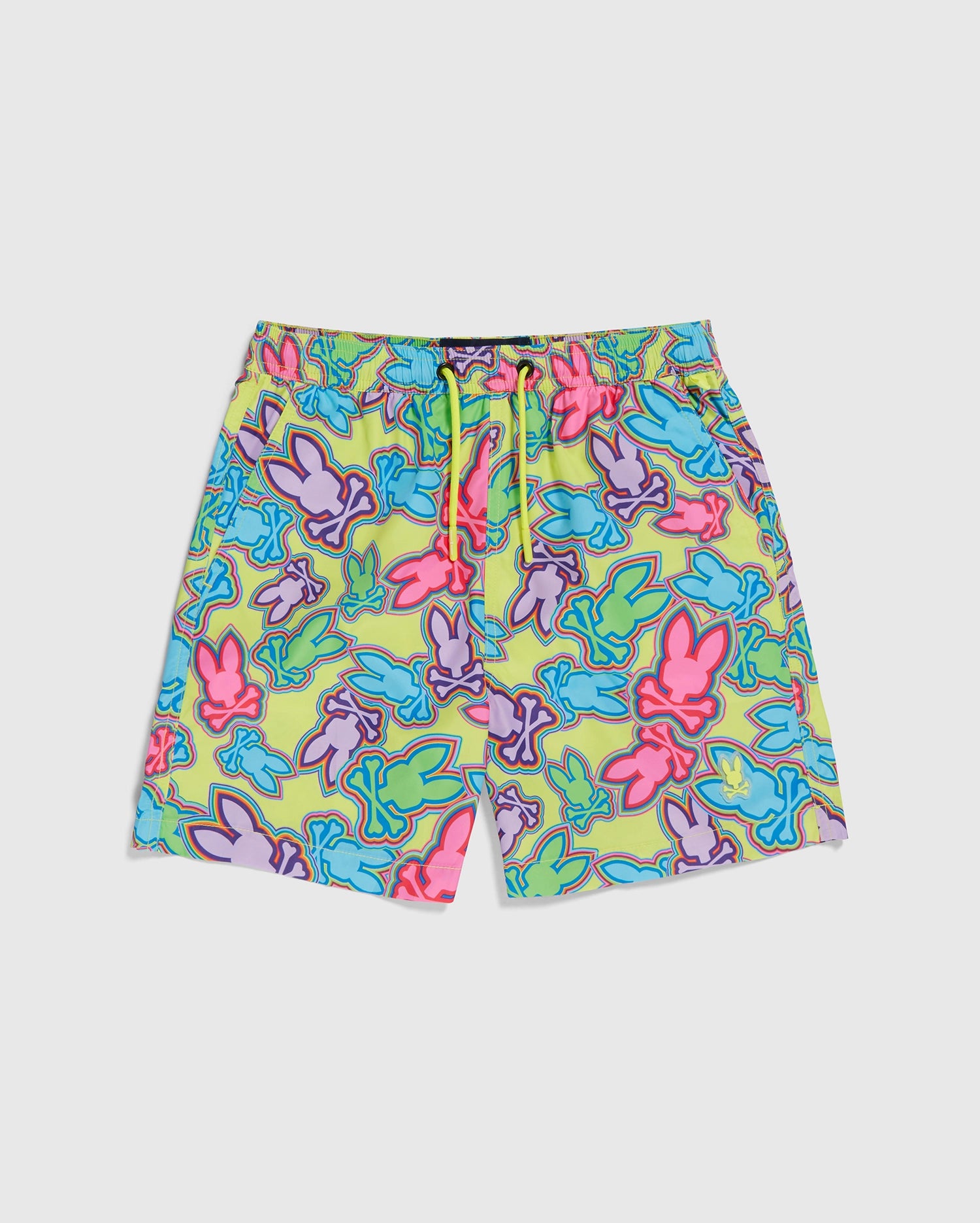 A pair of vibrant Psycho Bunny KIDS MAYBROOK LIGHTWEIGHT SWIM TRUNK - B0W119B2SW featuring a playful, colorful design of overlapping frogs in neon shades of pink, blue, purple, and green on a lime green background. Made from recycled polyester, the shorts have an elastic waistband with a yellow drawstring and quick-dry properties.