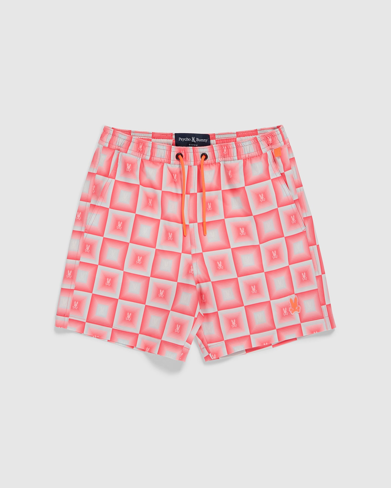 Pink and white gradient swim trunks with a bold geometric square pattern. These quick-drying fabric shorts feature an elastic waistband with an orange drawstring and a small logo on the left leg. Introducing the KIDS UTICA SWIM TRUNK - B0W399B2SW by Psycho Bunny.