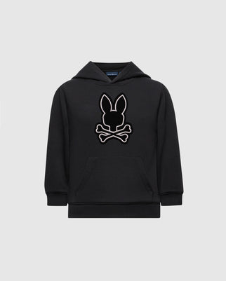 The KIDS TODDLER ALEXANDER 2 PIECE FLEECE SET by Psycho Bunny in black showcases a trendy hoodie featuring a white-outlined bunny head with crossbones on the chest. It includes a front pocket and hood, all set against a plain background.