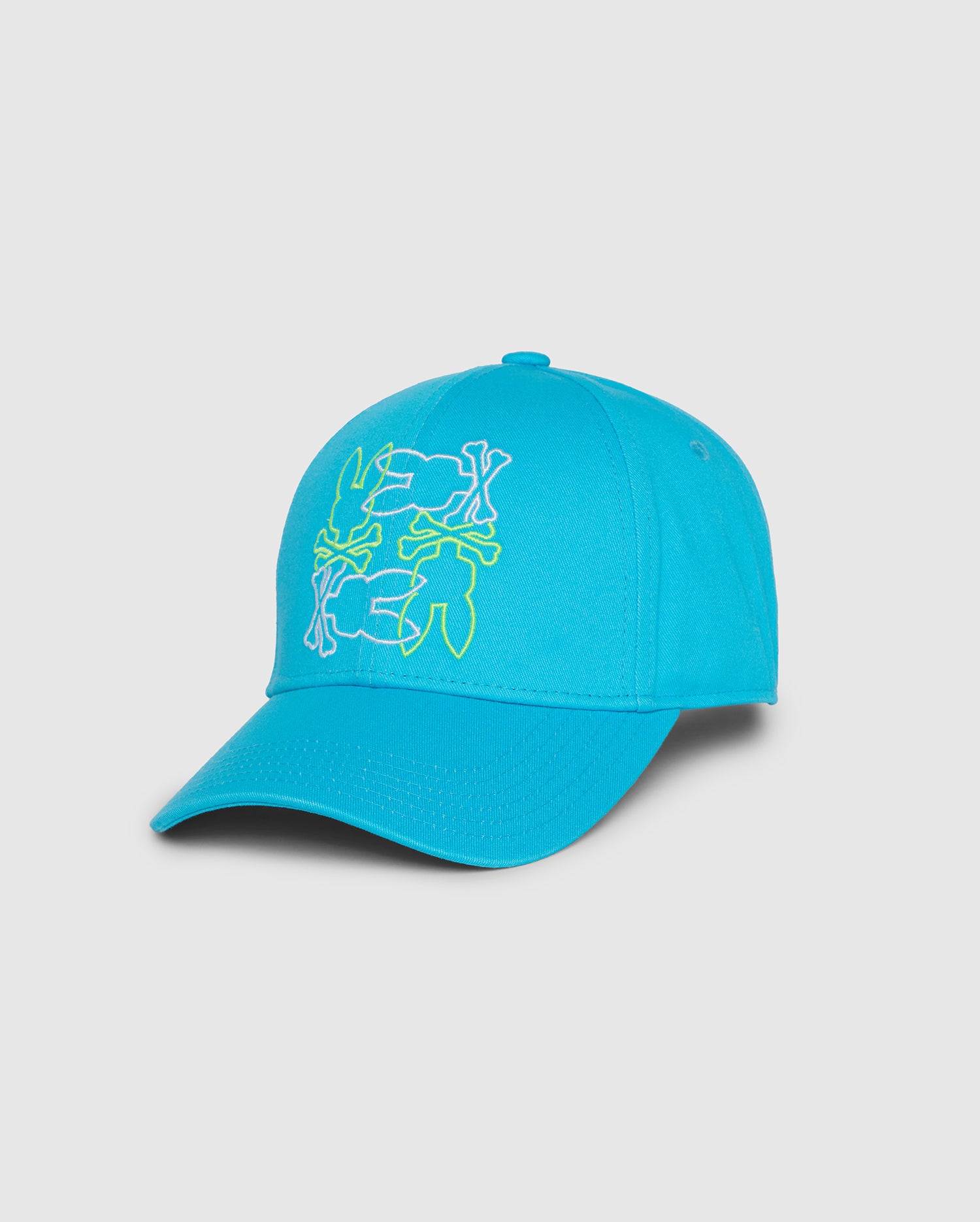 A vibrant blue baseball cap, the Psycho Bunny MENS RODMAN BASEBALL CAP - B6A124B2HT, this chic wardrobe accessory features an embroidered design of abstract, overlapping figures in green and white on the front. The headgear includes a curved brim and an adjustable back for a perfect fit.
