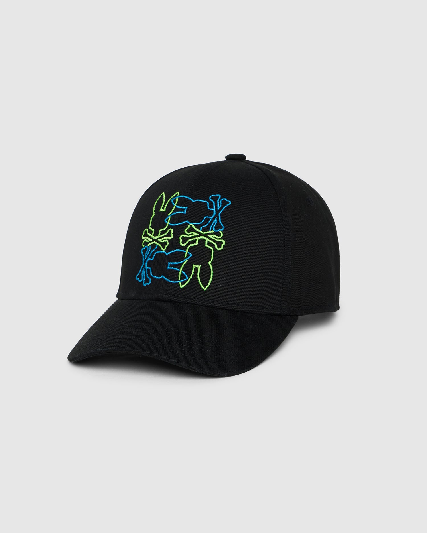 A black MENS RODMAN BASEBALL CAP - B6A124B2HT by Psycho Bunny, the perfect wardrobe accessory, boasts a colorful embroidered design on the front featuring four rabbits in blue, green, and light blue, arranged in a mirrored pattern. This stylish headgear has a curved brim and is positioned against a plain gray background.