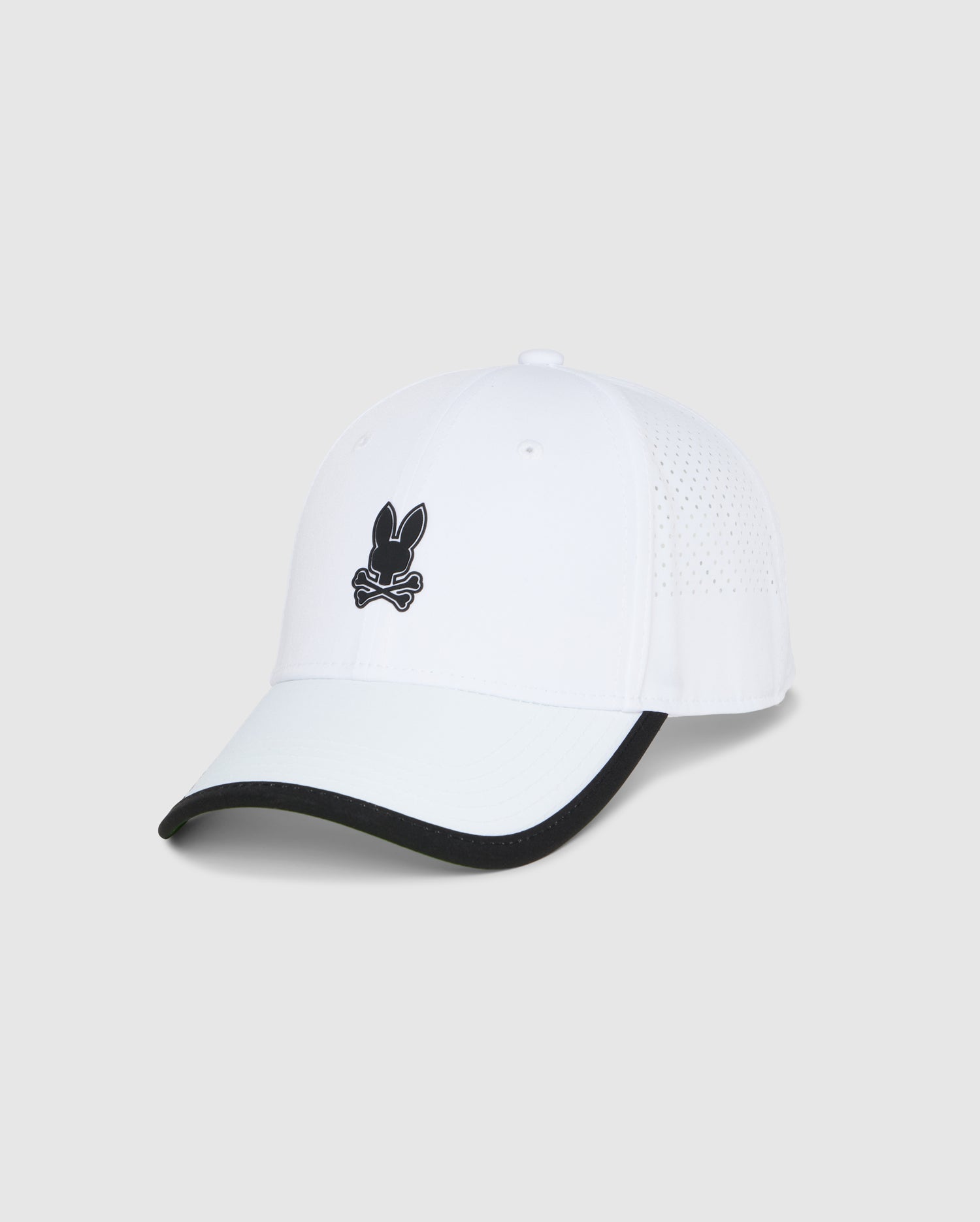 A Psycho Bunny MENS LUCAS SPORT CAP - B6A590C200 featuring a black brim and an embroidered black bunny logo with crossed bones underneath on the front. Made from moisture-wicking, technical fabric, it also has a perforated design for ventilation on the sides and back.