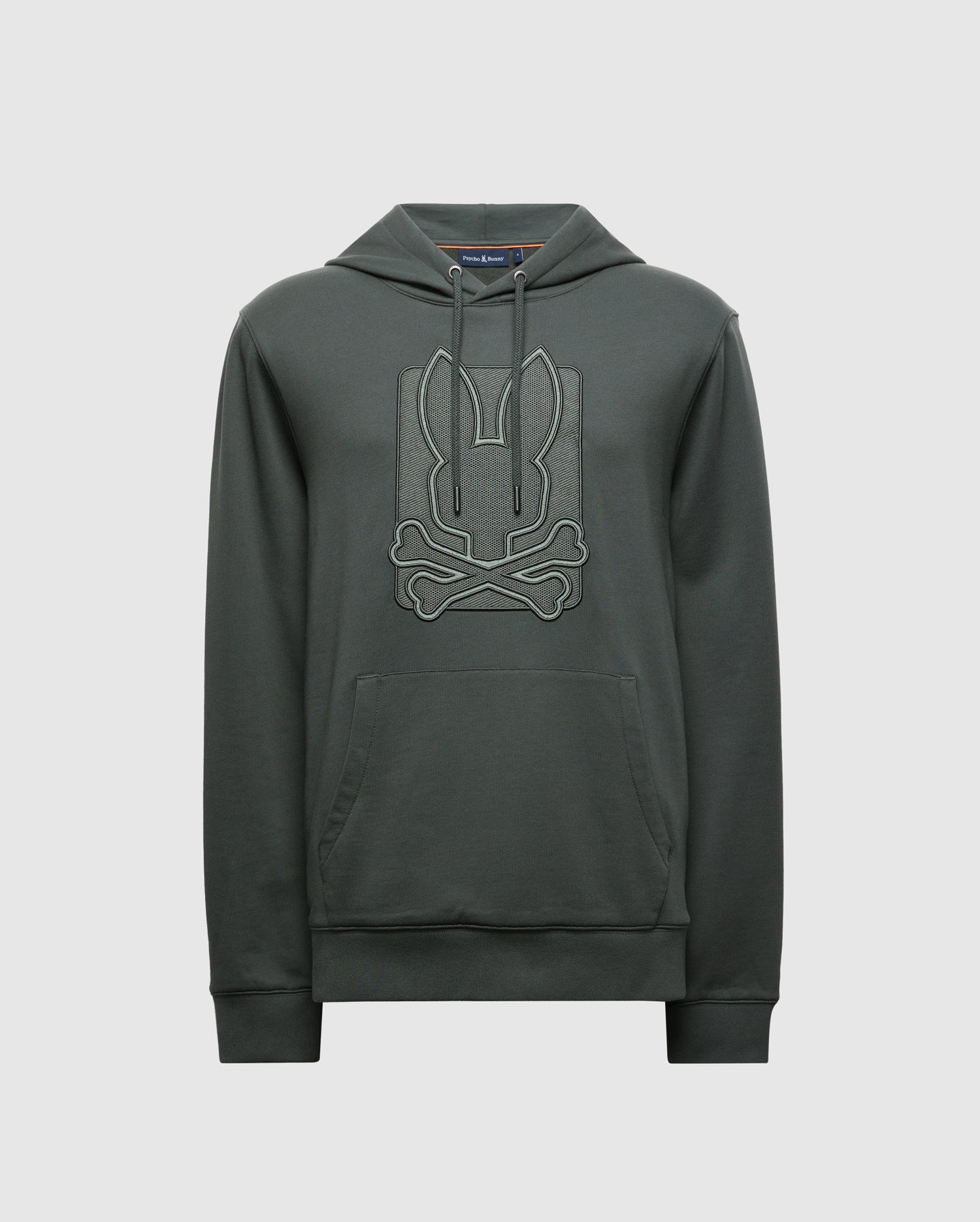 Introducing the Psycho Bunny Men's Pierce Essential French Terry Hoodie (B6H135E200), crafted from high-quality dark green cotton. It features an embroidered, stylized bunny skull and crossbones design on the front. This stylish hoodie for men includes a front pocket and drawstring hood, designed against a plain light gray background.