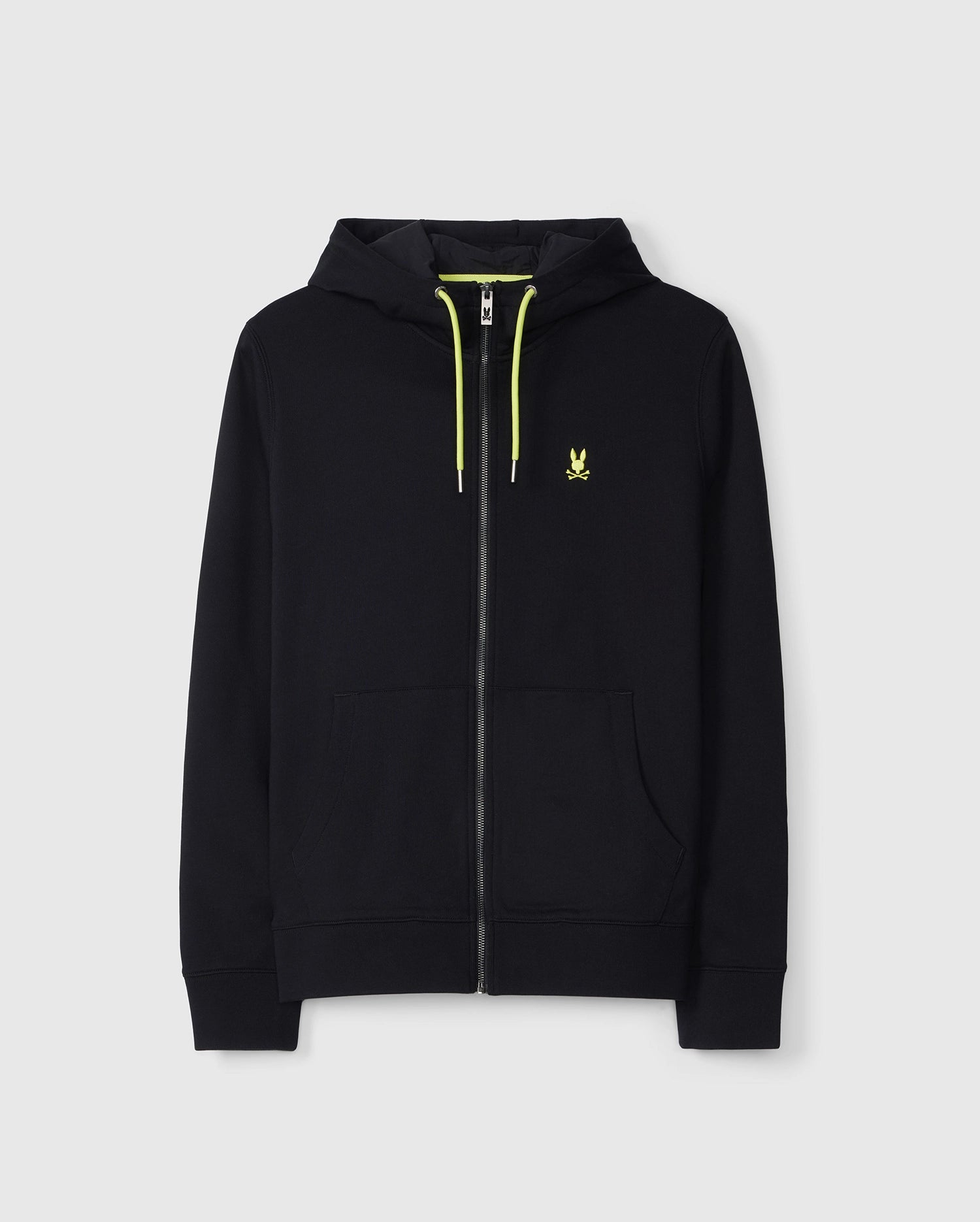 A black zip-up Psycho Bunny MENS BUFFALO FULL ZIP HOODIE - B6H175B200 with a yellow rabbit logo on the left chest and yellow drawstrings. The 100% cotton hoodie features ribbed cuffs, a zip closure, and two front pockets. The design is simple and casual, set against a plain white background.