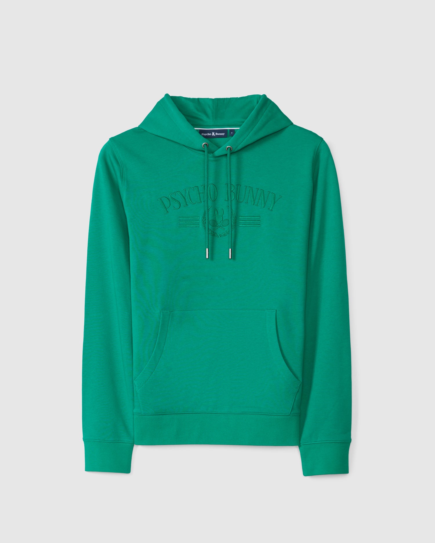 The Psycho Bunny MENS COURTSIDE HOODIE - B6H689C200 in green is a cotton hoodie with a relaxed fit and casual style, featuring drawstrings, a front kangaroo pocket, and 