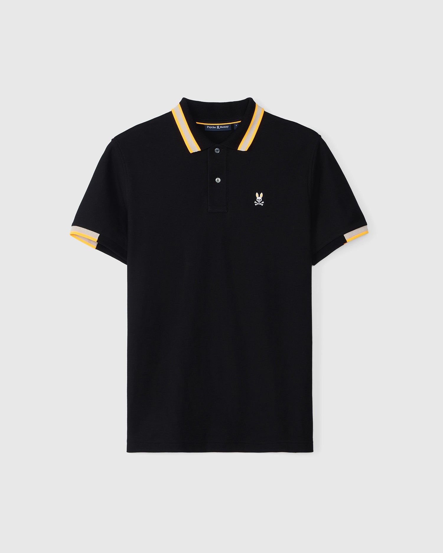A black MENS WOODSTOCK PIQUE POLO SHIRT with textured-knit collar and yellow trim on the sleeves, featuring a small white embroidered Psycho Bunny logo on the left chest, displayed against a plain background.