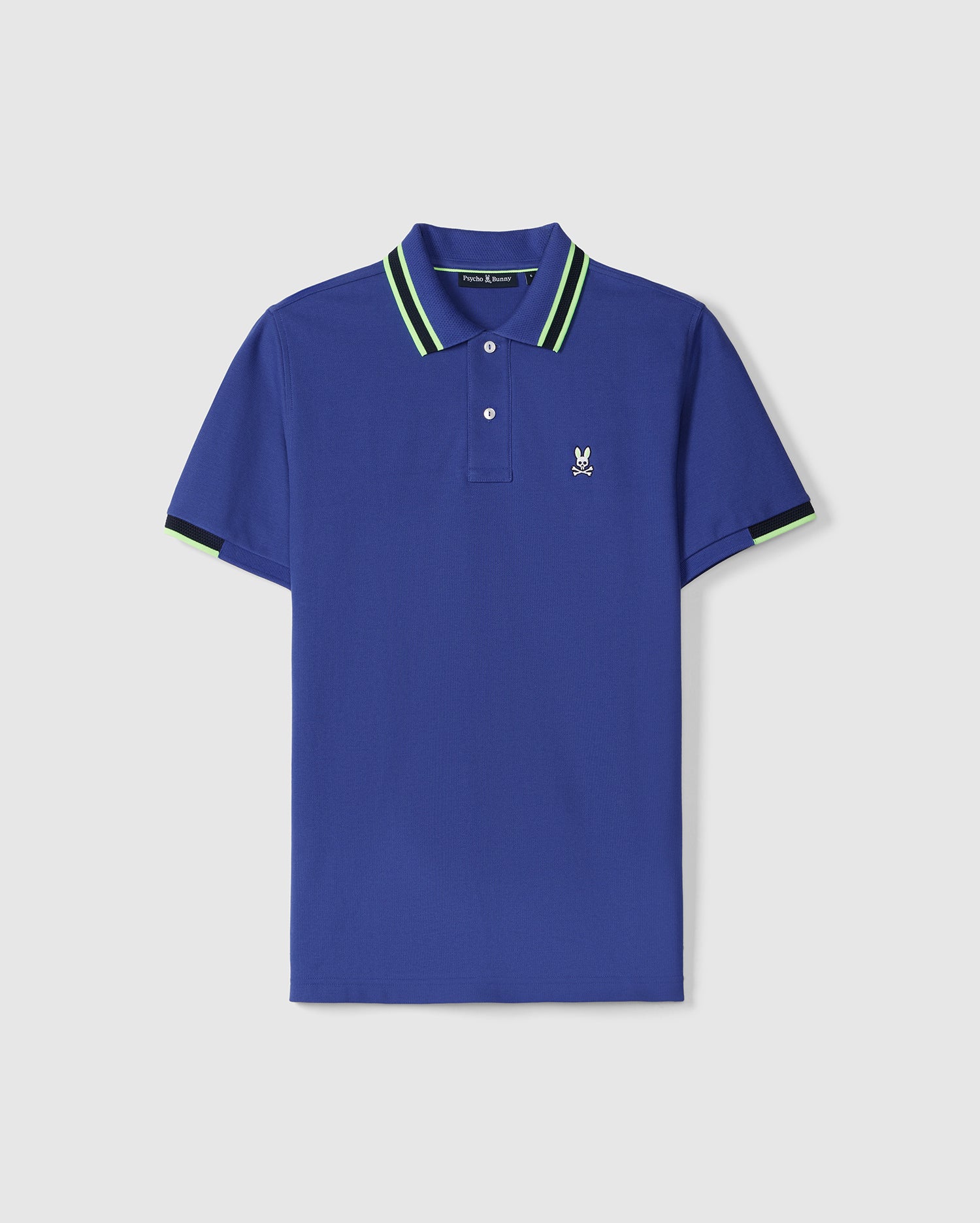 Navy blue Psycho Bunny Pima cotton polo shirt with a textured-knit green and yellow striped collar and sleeve bands, featuring a small white embroidered logo on the chest. The shirt is displayed against a plain white background.