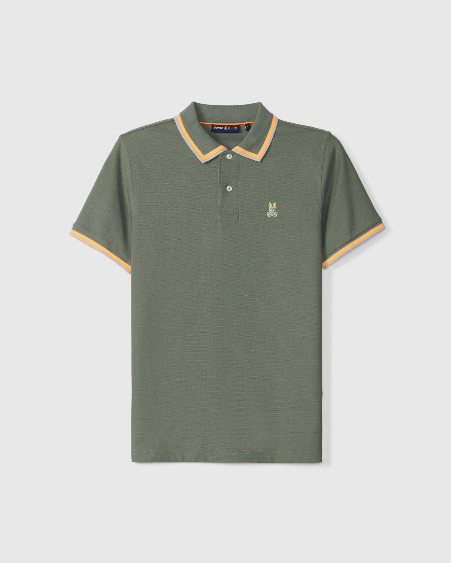 A green short-sleeved polo shirt with a yellow collar and sleeve trim. It features a small embroidered logo of a yellow rabbit on the left chest. The **Psycho Bunny MENS KINGSBURY PIQUE POLO SHIRT - B6K235B200** boasts a classic silhouette with contrasting stripes and has a classic buttoned neckline, made of soft, comfortable fabric.