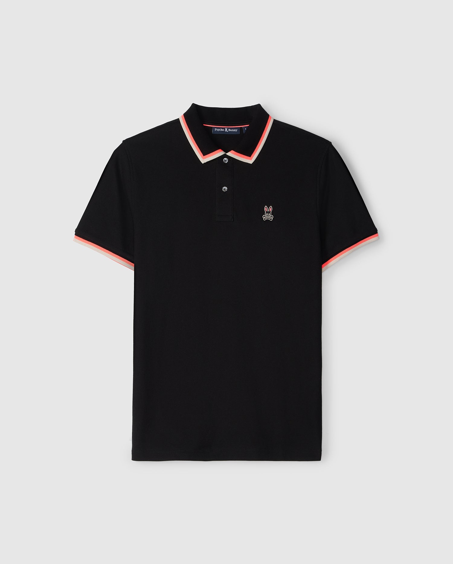 Psycho Bunny MENS KINGSBURY PIQUE POLO SHIRT - B6K235B200 with orange trim on the collar and sleeves, featuring a small white logo on the left chest area, displayed against a plain background.