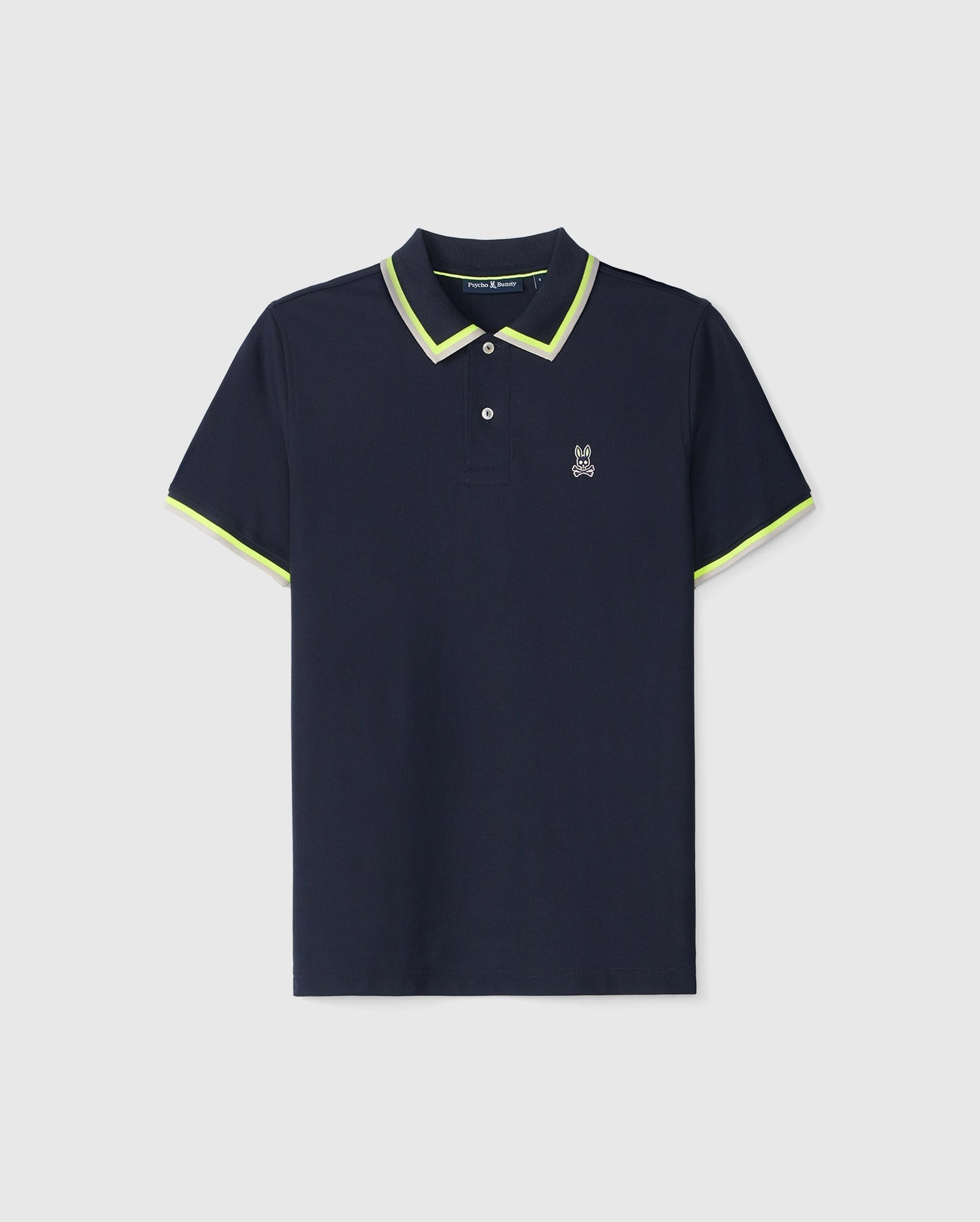 Navy blue Psycho Bunny Kingsbury piqué polo shirt with contrasting yellow and green ribbed collar and sleeve trim, featuring a small white logo on the left chest, displayed on a plain background.