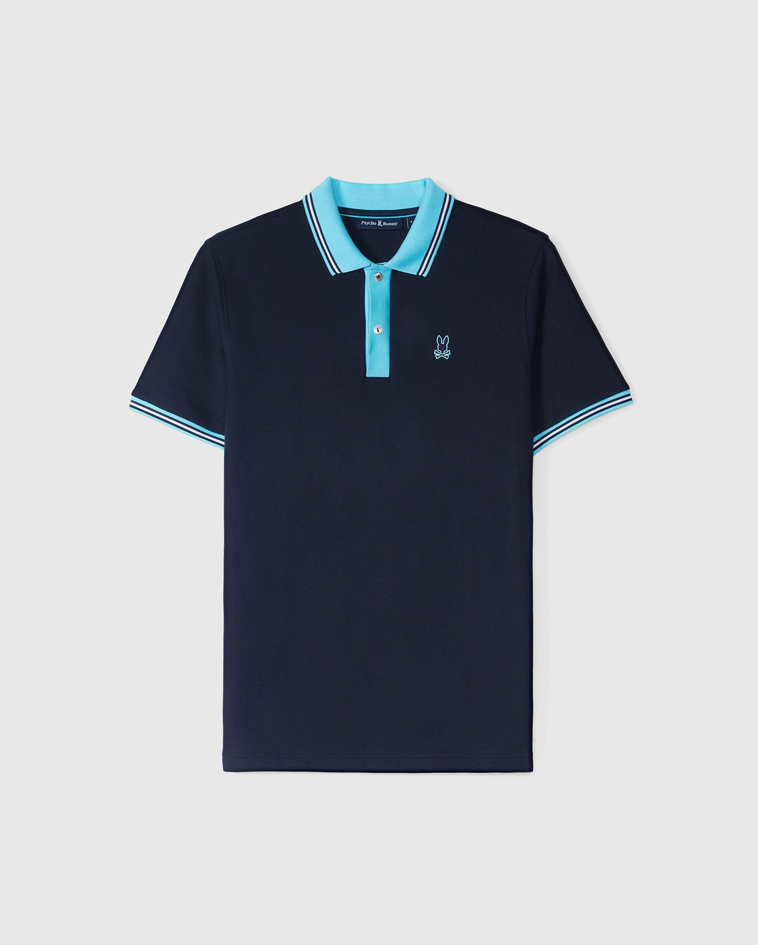 Navy blue Psycho Bunny Pima cotton polo shirt with contrast collar detail in white and light blue stripes on the collar and sleeves, featuring a small white logo on the left chest. The shirt is displayed on a