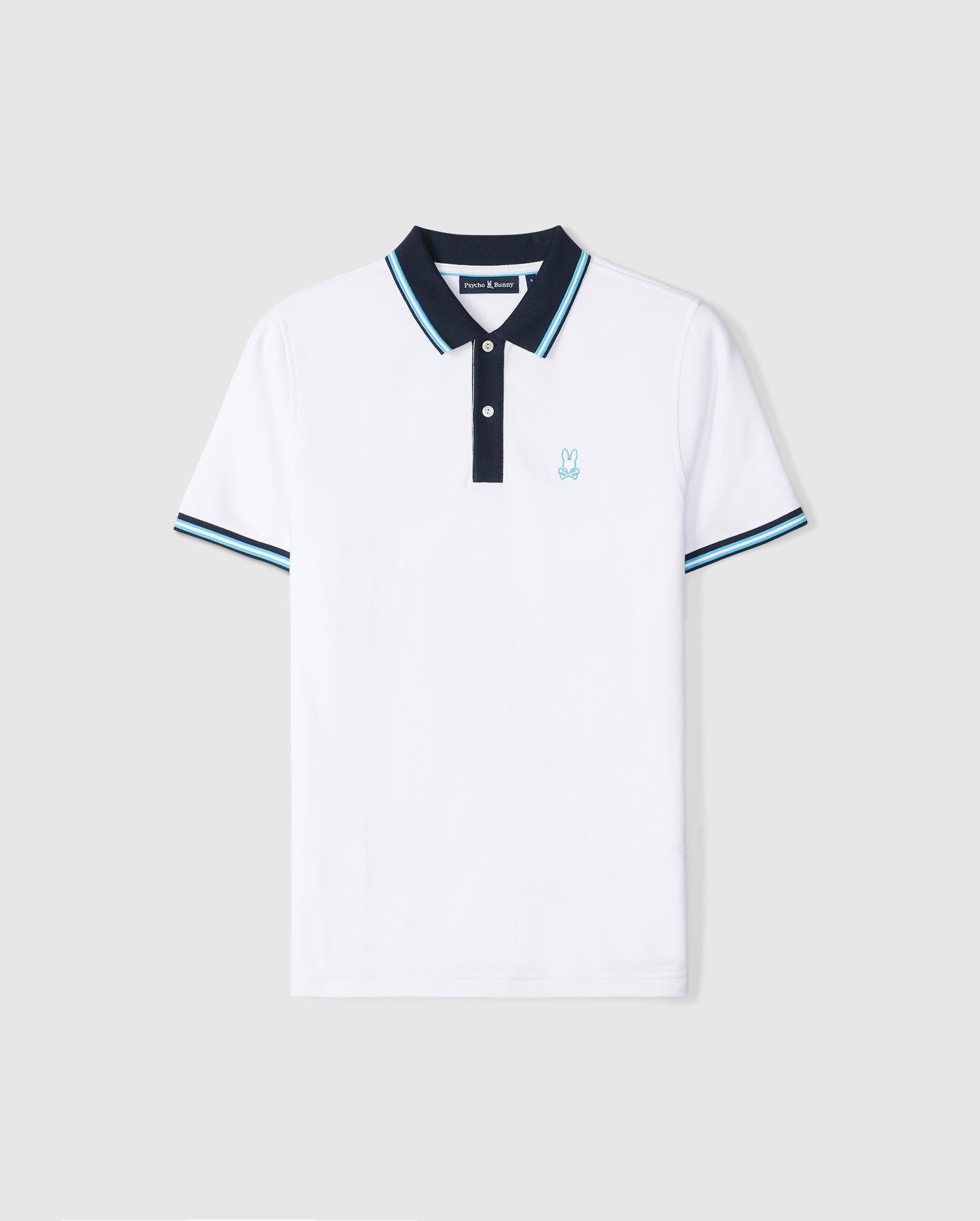 A standout polo shirt with a black contrast collar and black sleeve cuffs, both featuring light blue and white trim. This Pima cotton MENS SALINA PIQUE POLO SHIRT - B6K379B200 has a small embroidered blue bunny logo on the left chest and a three-button placket on the front. Brand: Psycho Bunny.