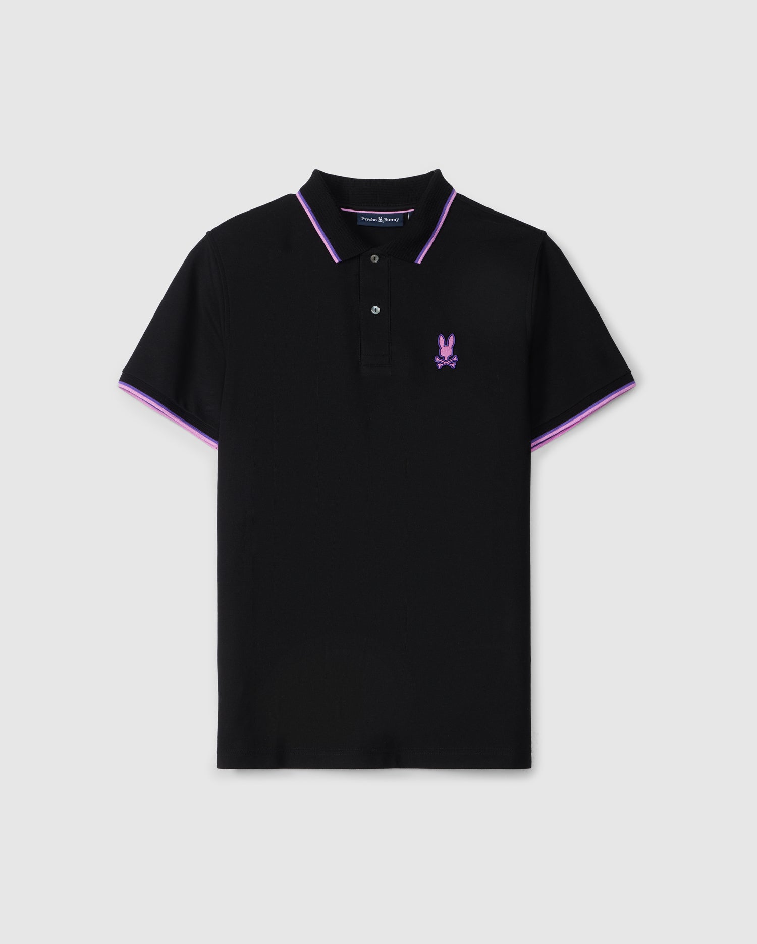 A black MENS HOUSTON PIQUE POLO SHIRT with a purple striped collar and sleeve trims, featuring a small embroidered purple Psycho Bunny logo on the left chest, displayed against a plain light background.