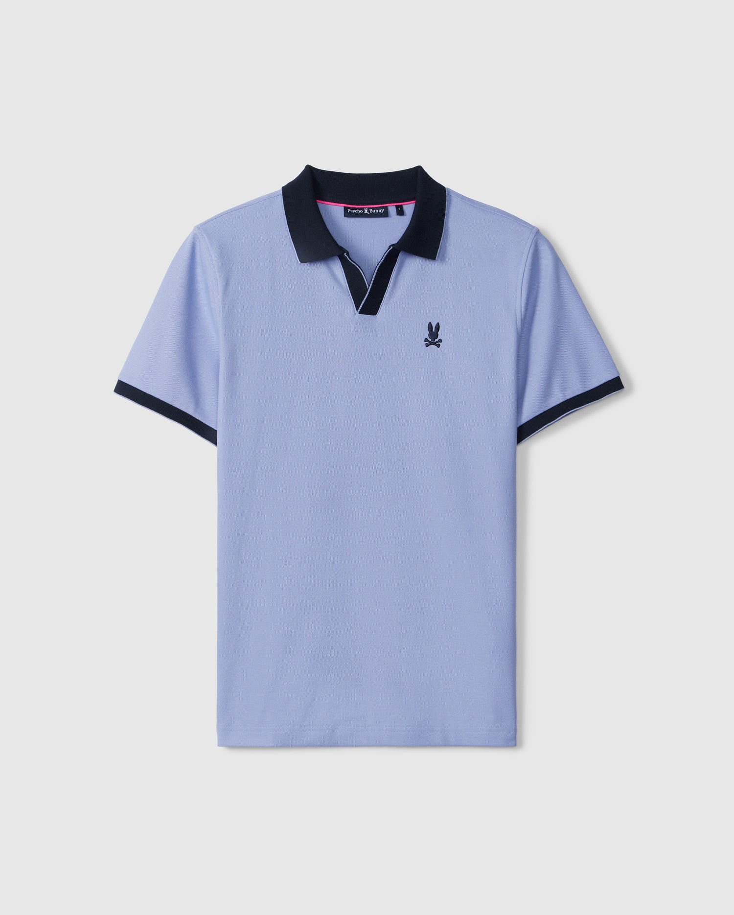 A light blue short-sleeved Psycho Bunny MENS RICHARDS JOHNNY COLLAR PIQUE POLO SHIRT - B6K641C200 with a black collar and black sleeve trim. Crafted from luxurious Pima cotton piqué, it features a small embroidered Bunny logo on the left chest.