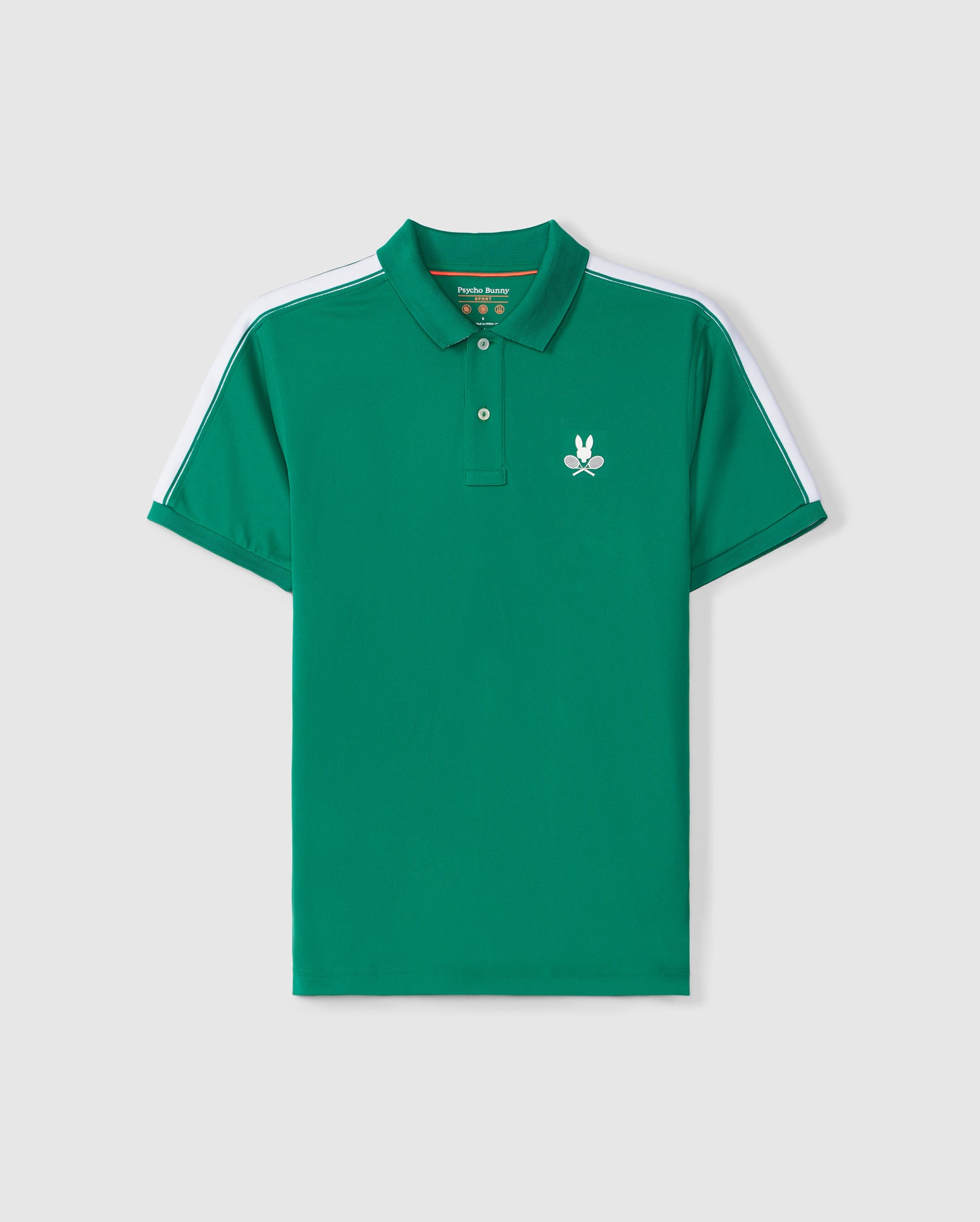 A MENS COURTSIDE SPORT POLO - B6K693C200 by Psycho Bunny made from 100% polyester, with white stripes on the shoulders and sleeves. It features a white embroidered Bunny logo of a character with crossed rackets on the left chest. The shirt has a button-up collar and short sleeves.